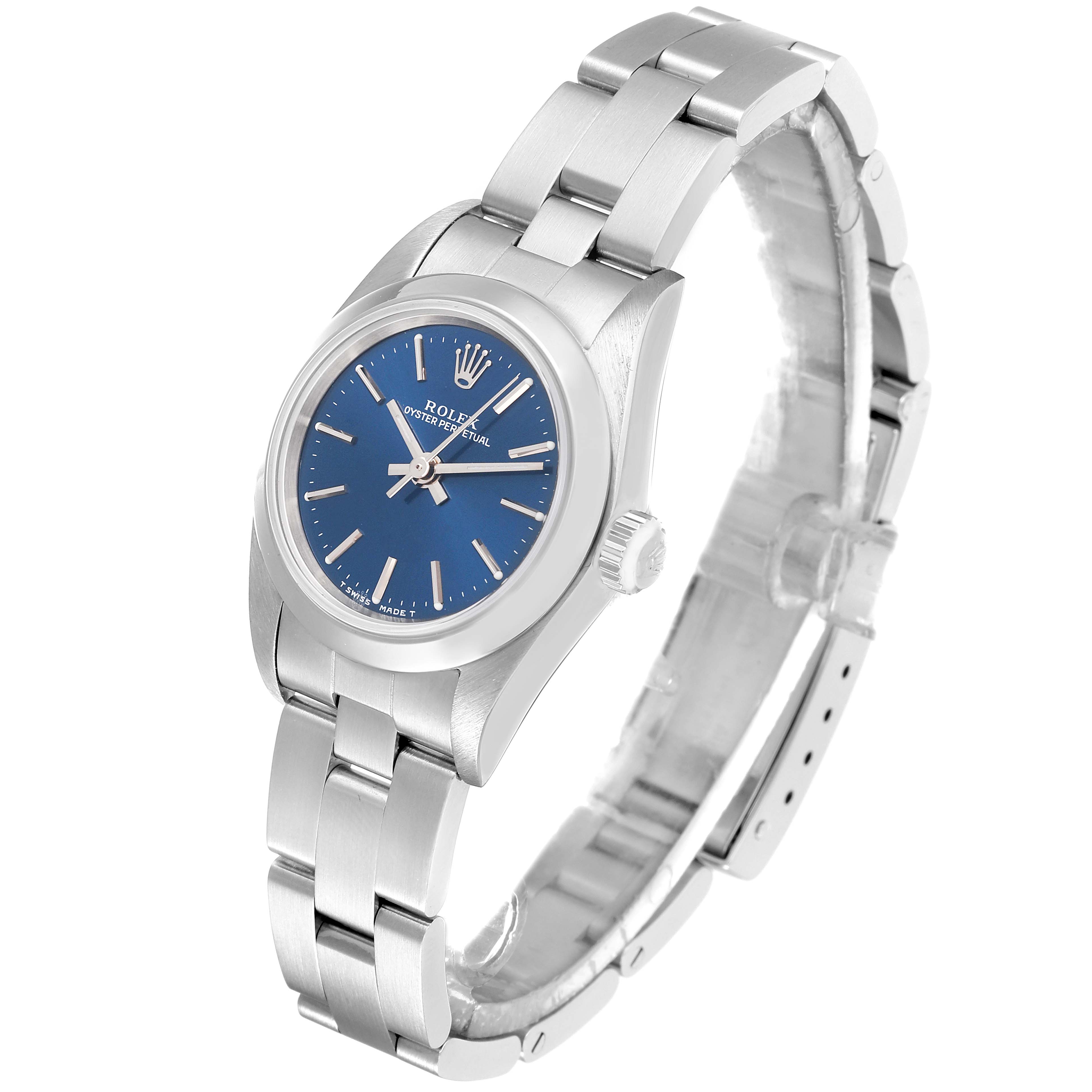 The image shows a Rolex Oyster Perpetual 76080 Women's Stainless Steel Blue Dial 76080 Women's Stainless Steel Blue Dial watch at a slight angle, highlighting its blue dial and stainless steel bracelet.
