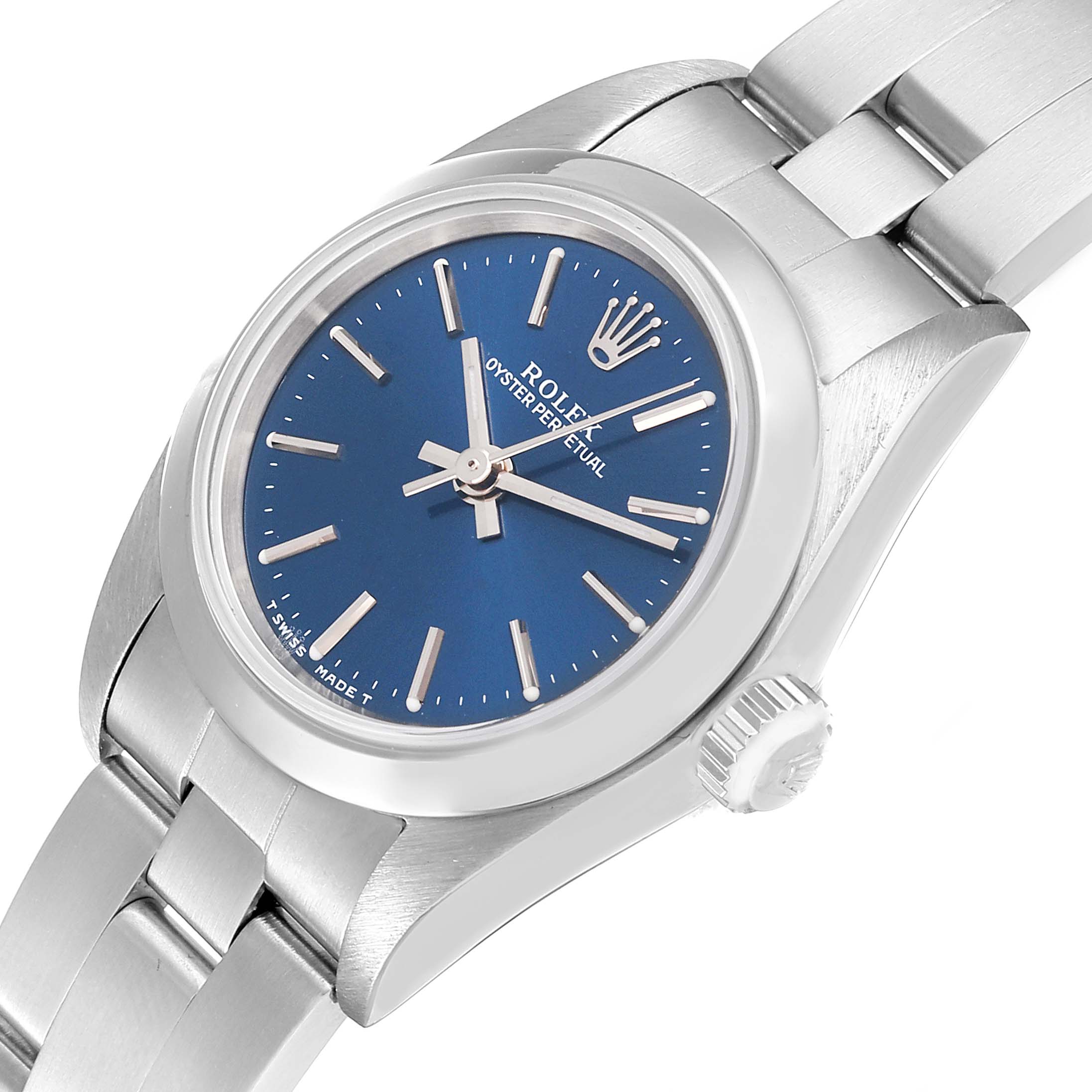 The image shows a Rolex Oyster Perpetual 76080 Women's Stainless Steel Blue Dial 76080 Women's Stainless Steel Blue Dial watch from a slightly angled side view, highlighting the dial, crown, and bracelet.