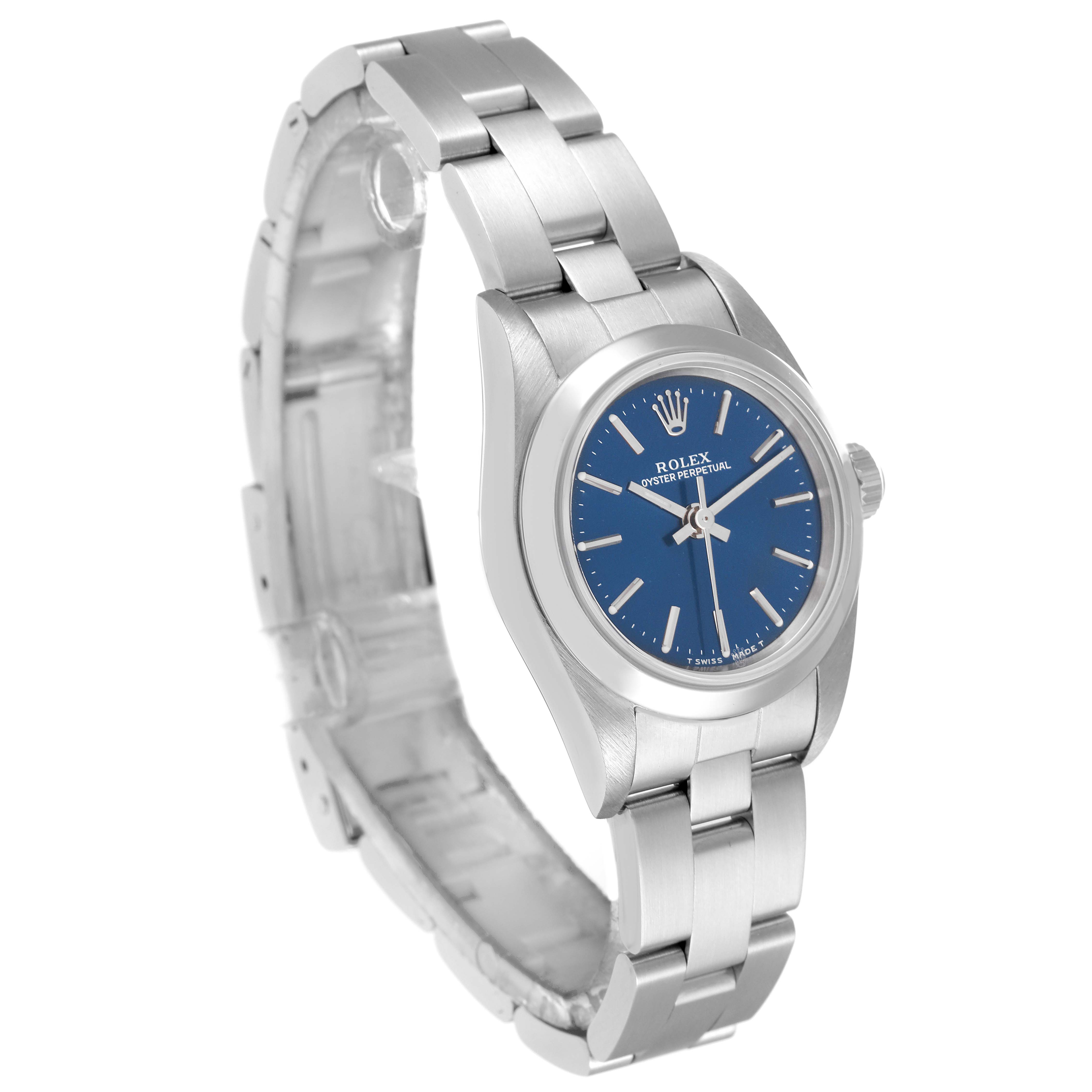 The image shows a Rolex Oyster Perpetual 76080 Women's Stainless Steel Blue Dial 76080 Women's Stainless Steel Blue Dial watch at a slight angle, displaying its blue dial and stainless steel bracelet.