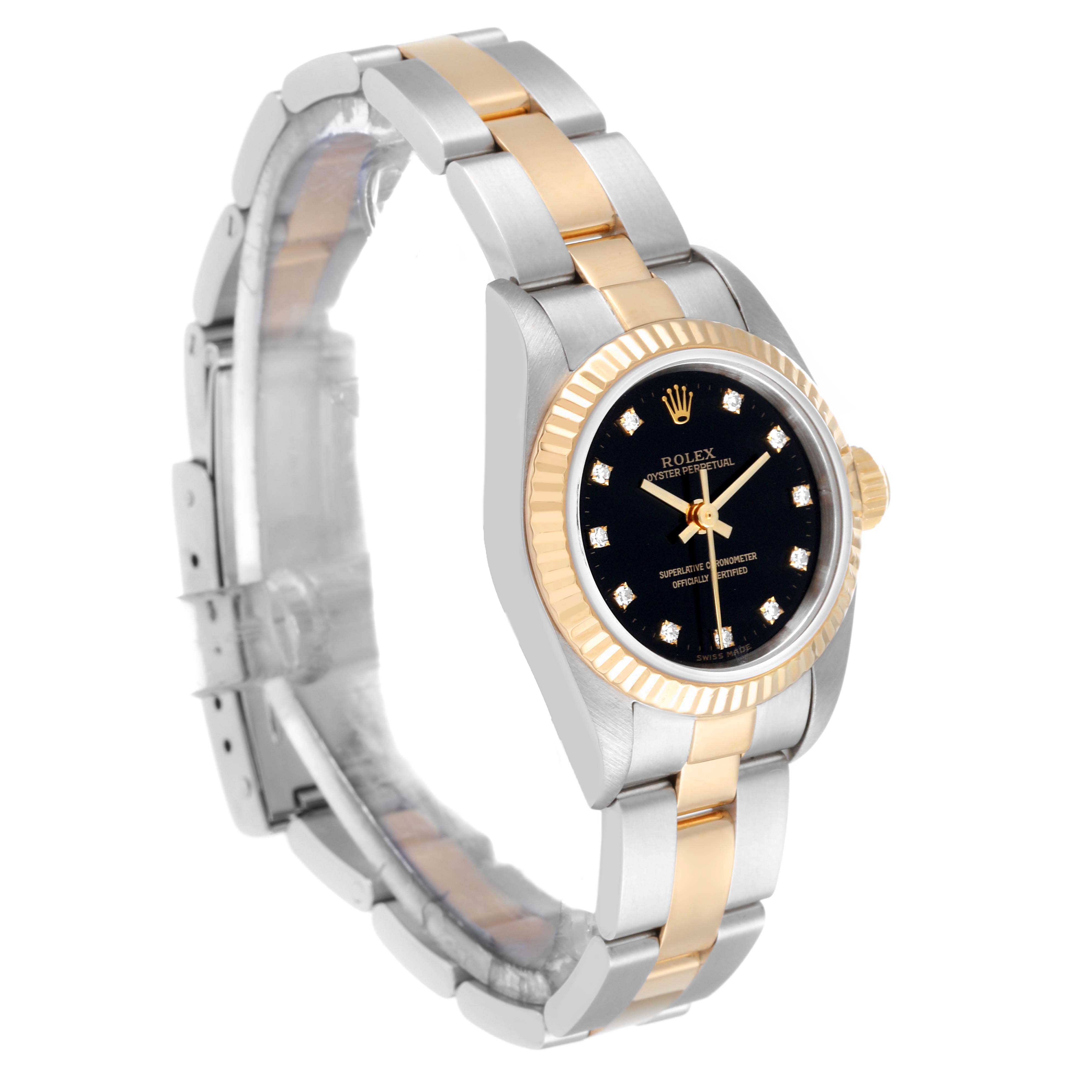 This Rolex Oyster Perpetual 67193 Women's Steel and Gold (two tone) Black Dial 67193 Women's Steel and Gold (two tone) Black Dial watch is shown from a slightly angled side view showcasing its bracelet and dial.