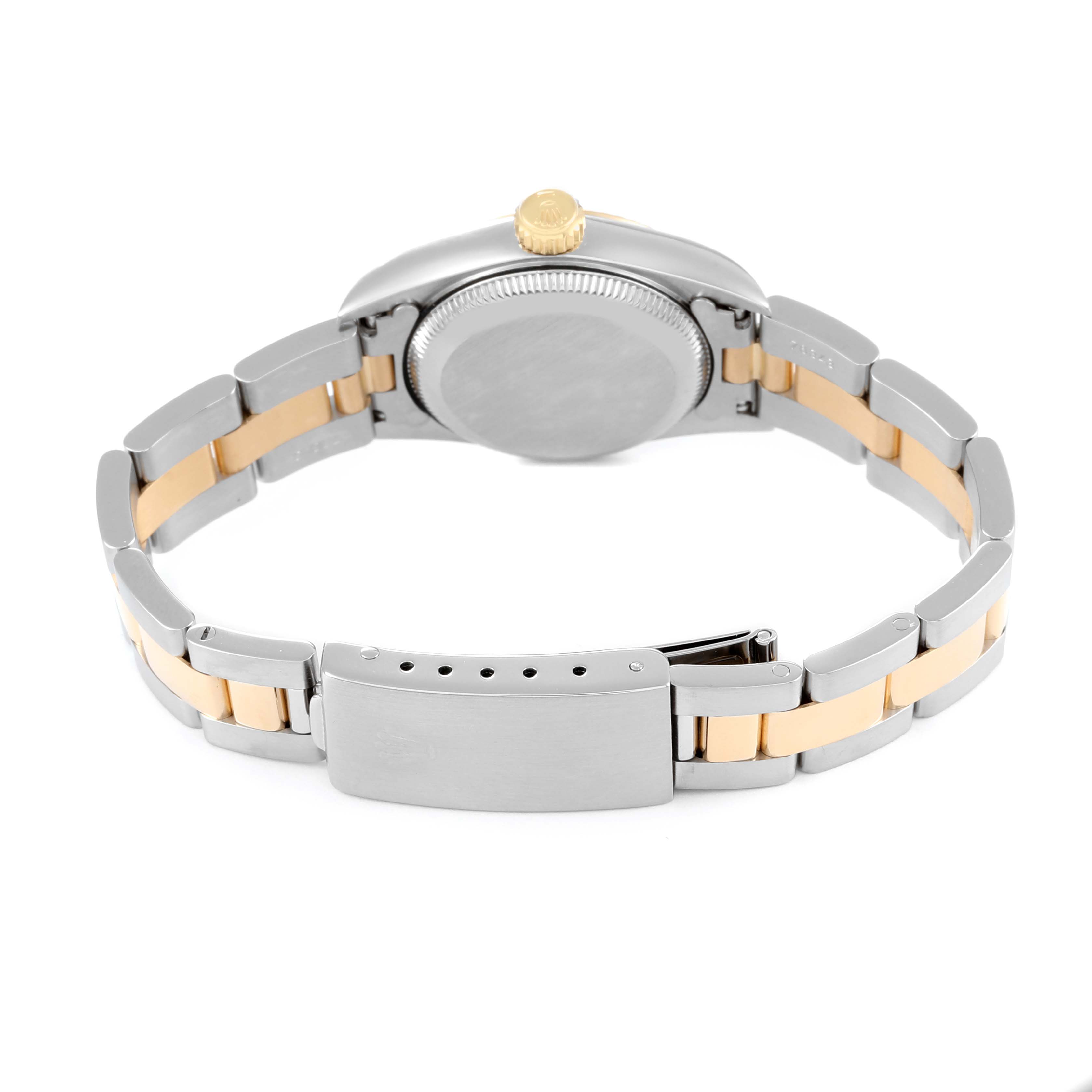This image shows the back view of a Rolex Oyster Perpetual 67193 Women's Steel and Gold (two tone) Black Dial 67193 Women's Steel and Gold (two tone) Black Dial watch, highlighting its clasp, bracelet, and case back.