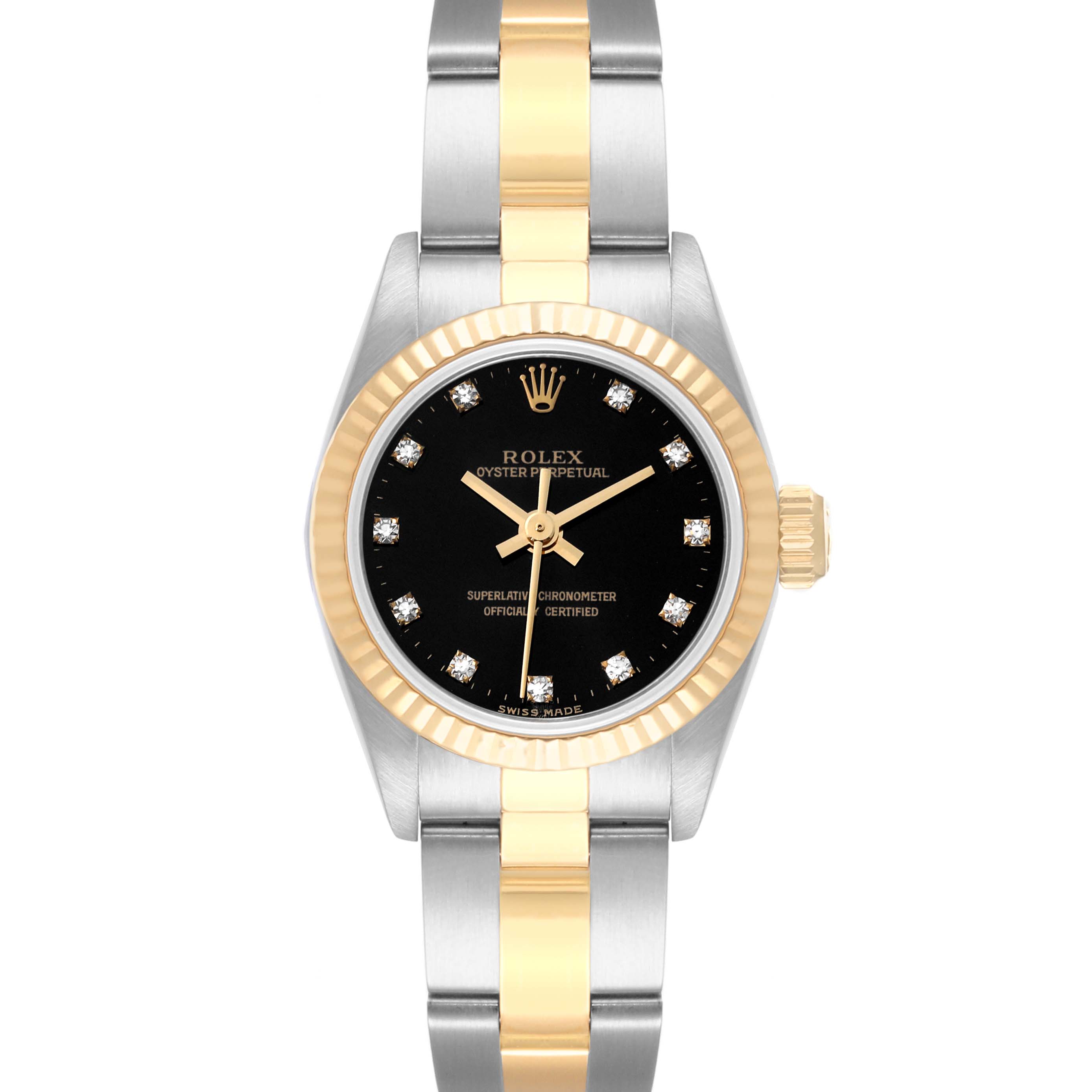 This is a front view of a Rolex Oyster Perpetual 67193 Women's Steel and Gold (two tone) Black Dial 67193 Women's Steel and Gold (two tone) Black Dial watch, showing the dial, bezel, and bracelet.