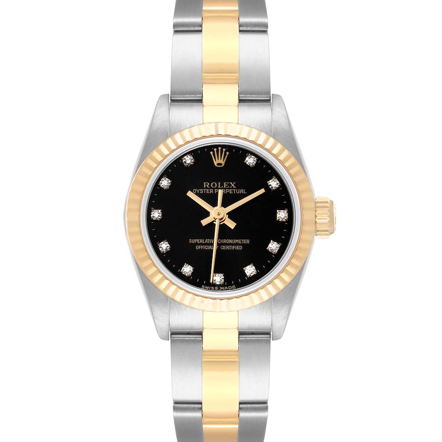 Rolex Oyster Perpetual Steel Yellow Gold Black Diamond Dial Ladies Watch 67193 SwissWatchExpo