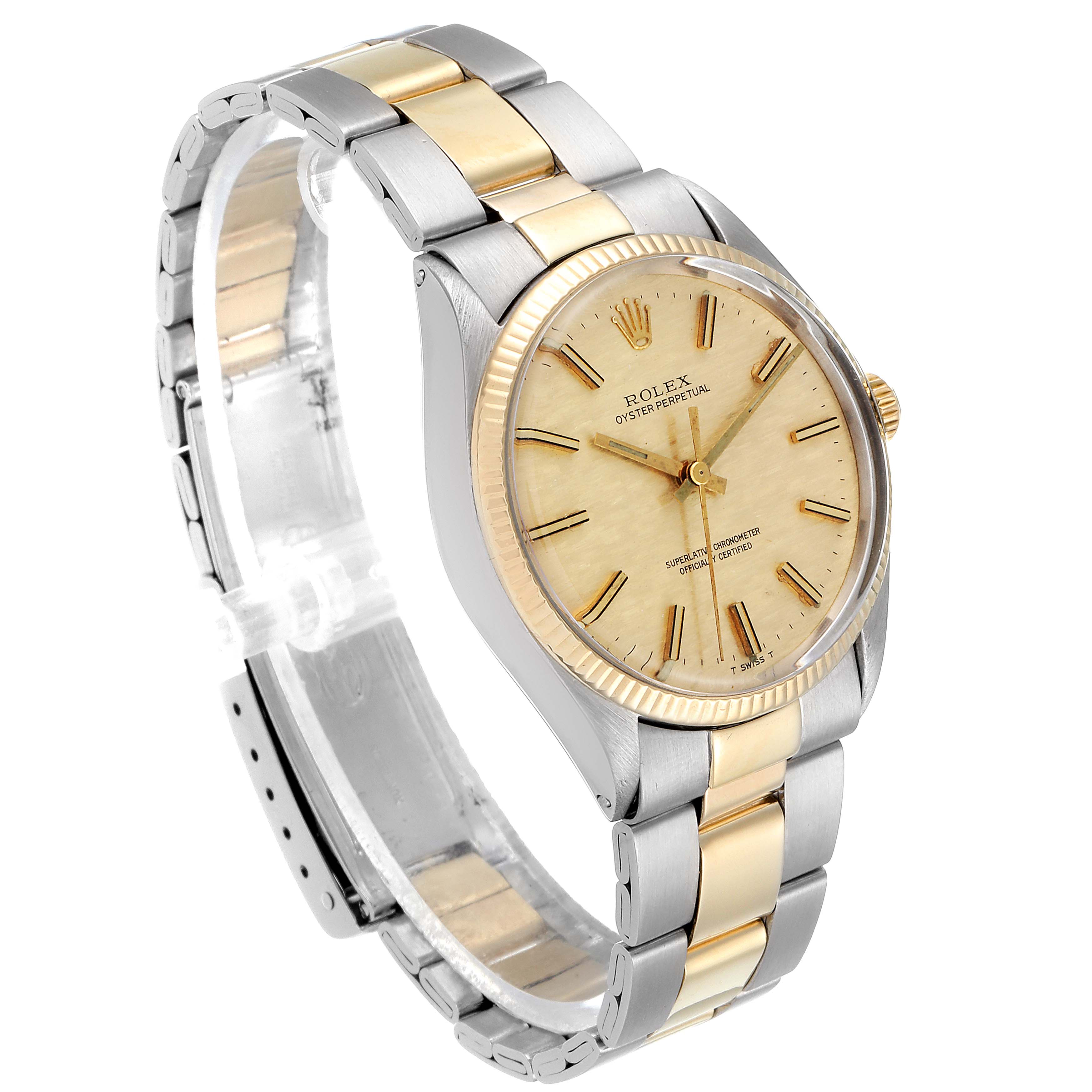 The Rolex Vintage Collection 1002 Men
s Steel and Gold (two tone) Champagne Dial 1002 Men
s Steel and Gold (two tone) Champagne Dial model is shown at a three-quarters angle, featuring the dial, bezel, and two-tone bracelet.