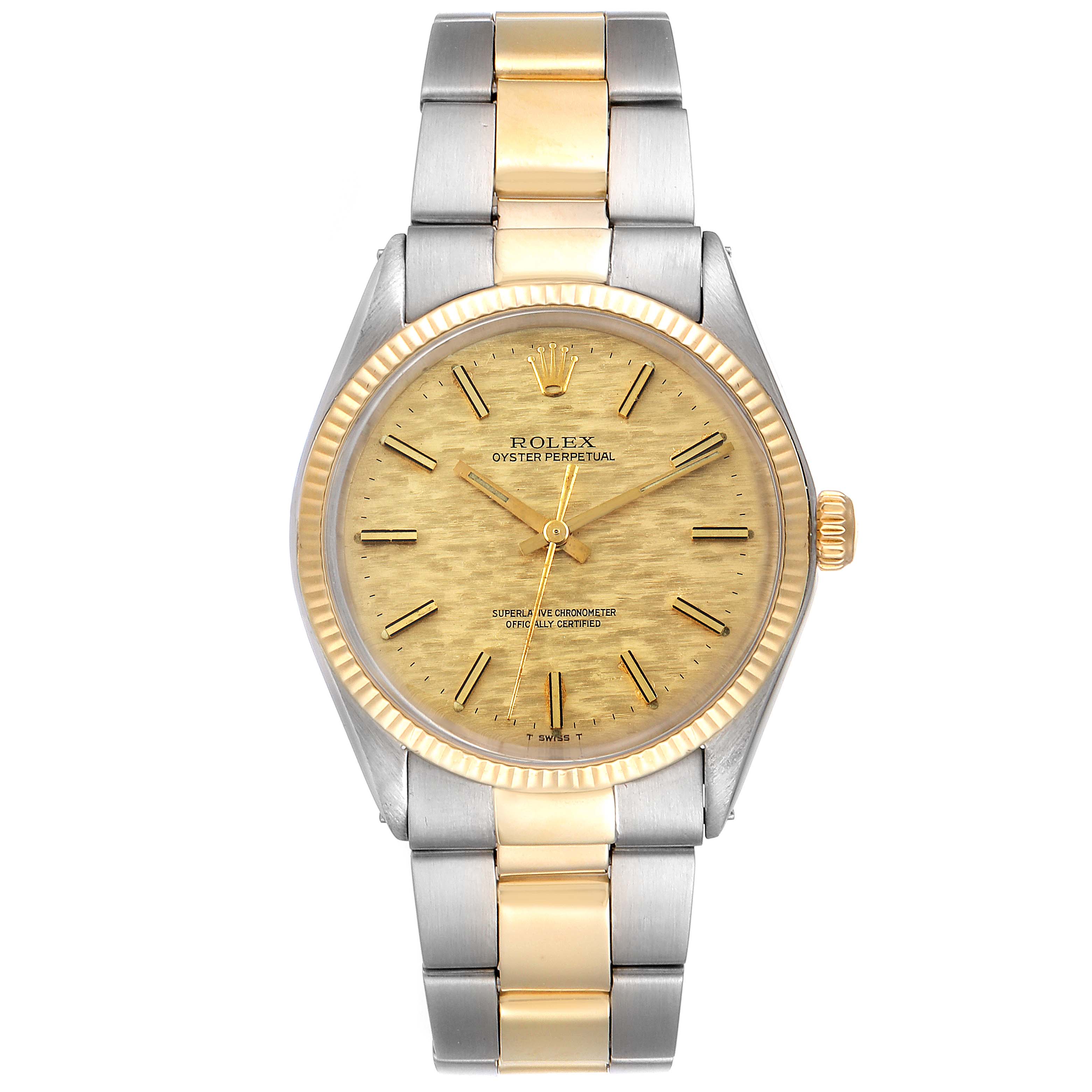 This image shows the front view of a Rolex Vintage Collection 1002 Men
s Steel and Gold (two tone) Champagne Dial 1002 Men
s Steel and Gold (two tone) Champagne Dial watch with a two-tone metal bracelet and gold dial.
