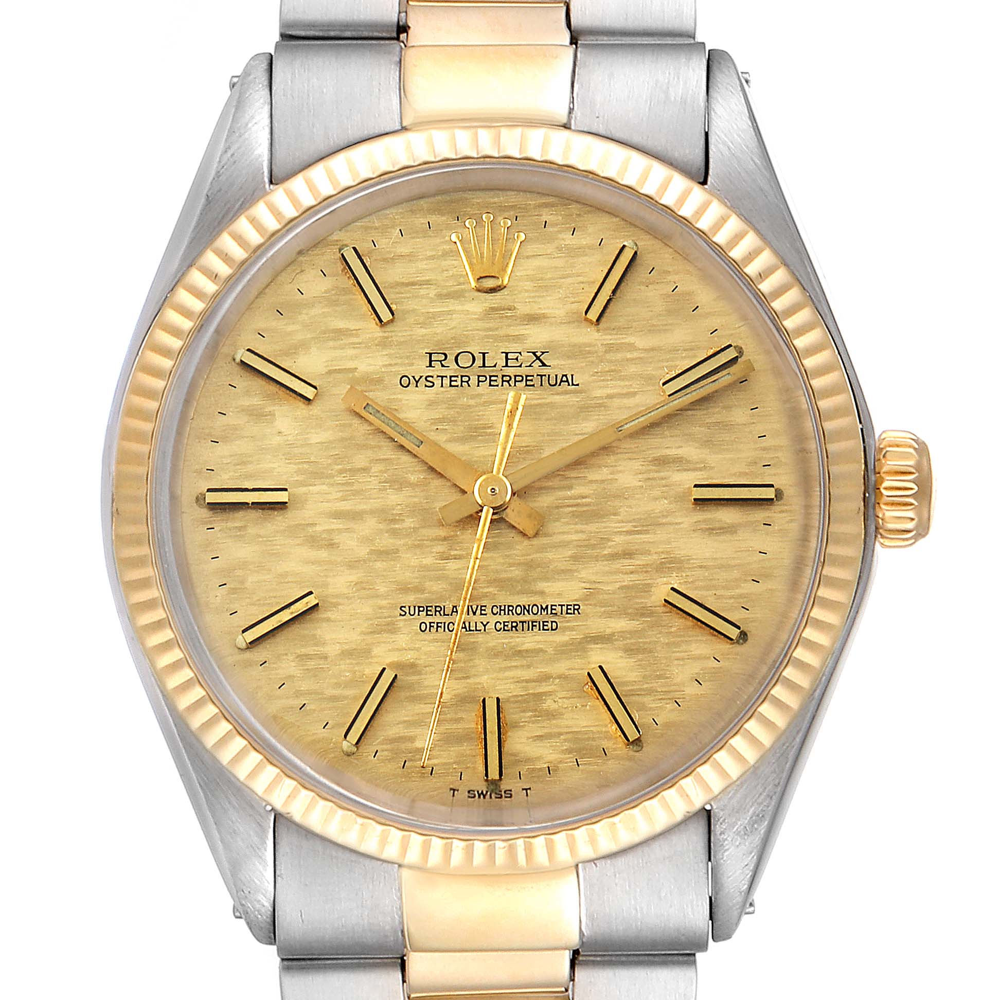 The image shows a close-up front view of the Rolex Vintage Collection 1002 Men
s Steel and Gold (two tone) Champagne Dial 1002 Men
s Steel and Gold (two tone) Champagne Dial watch, highlighting its dial, bezel, and part of the bracelet.