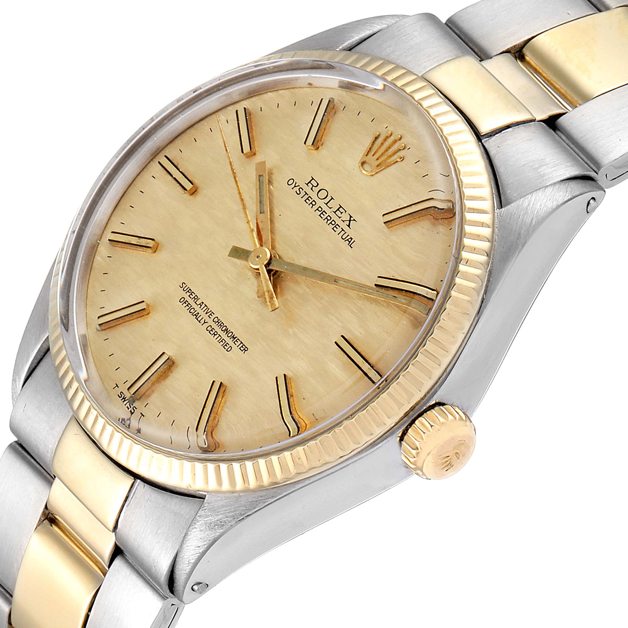 The image shows a close-up angled view of a Rolex Vintage Collection 1002 Men
s Steel and Gold (two tone) Champagne Dial 1002 Men
s Steel and Gold (two tone) Champagne Dial Oyster Perpetual watch, highlighting its face, bezel, and bracelet.