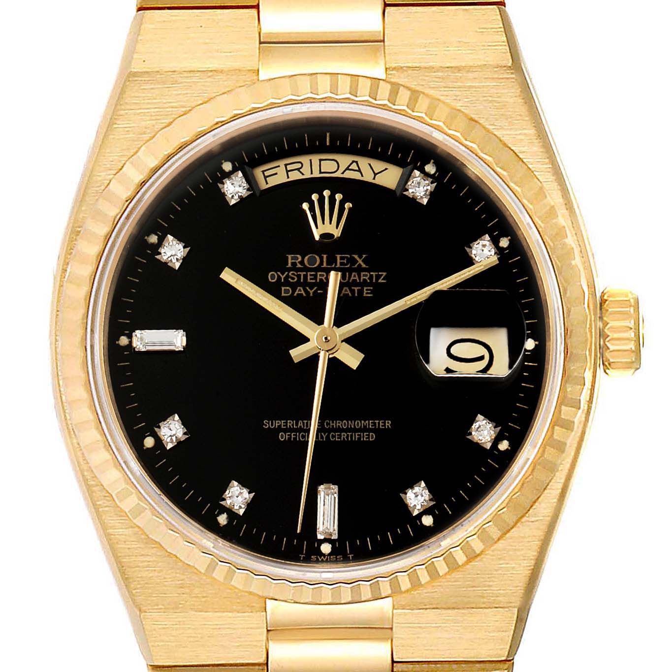 The image shows a front view of a Rolex Oysterquartz Day-Date President watch, highlighting its black dial, gold case, and diamond hour markers.