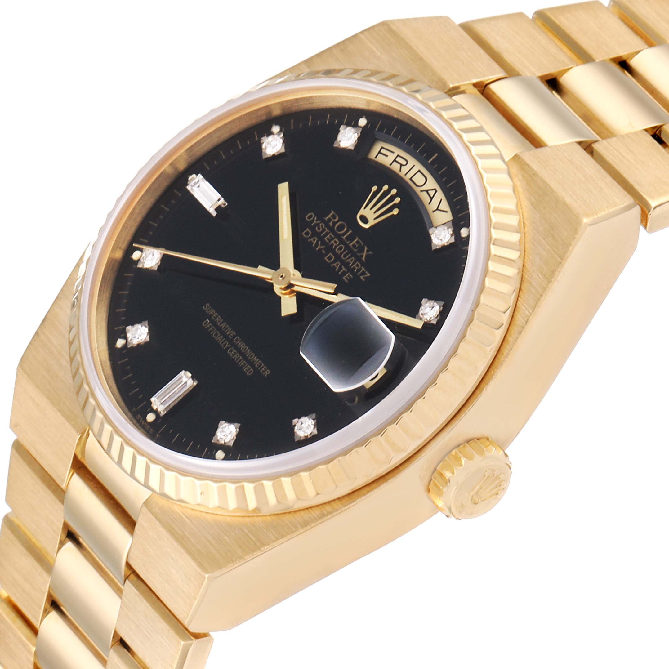 This image shows a Rolex President 19018 Men
s Yellow Gold Black Dial 19018 Men
s Yellow Gold Black Dial model watch from an angled front view, highlighting the bezel, dial, crown, and part of the bracelet.
