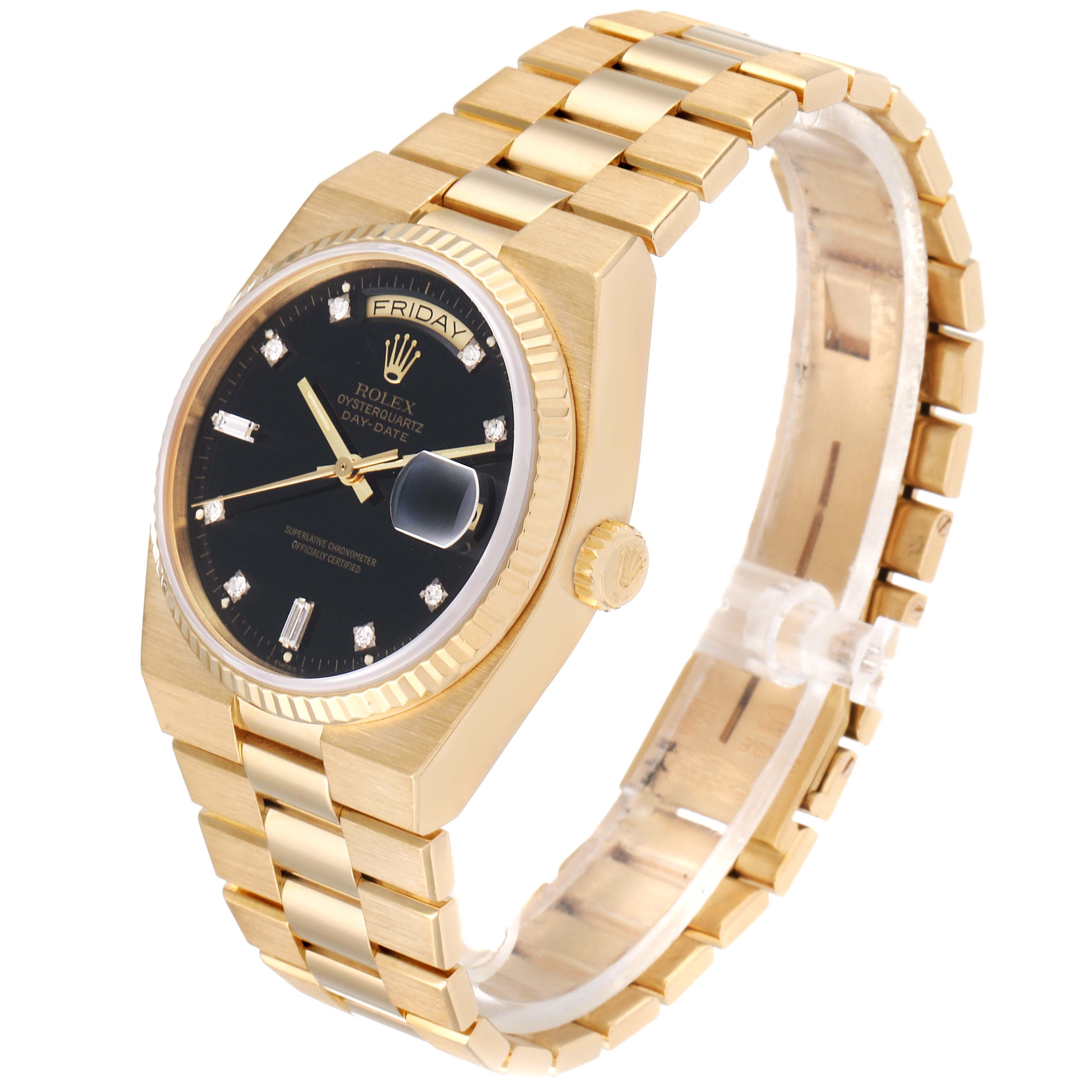 The Rolex President 19018 Men
s Yellow Gold Black Dial 19018 Men
s Yellow Gold Black Dial watch is shown from an angled side-view displaying its gold bracelet, black dial, and fluted bezel.