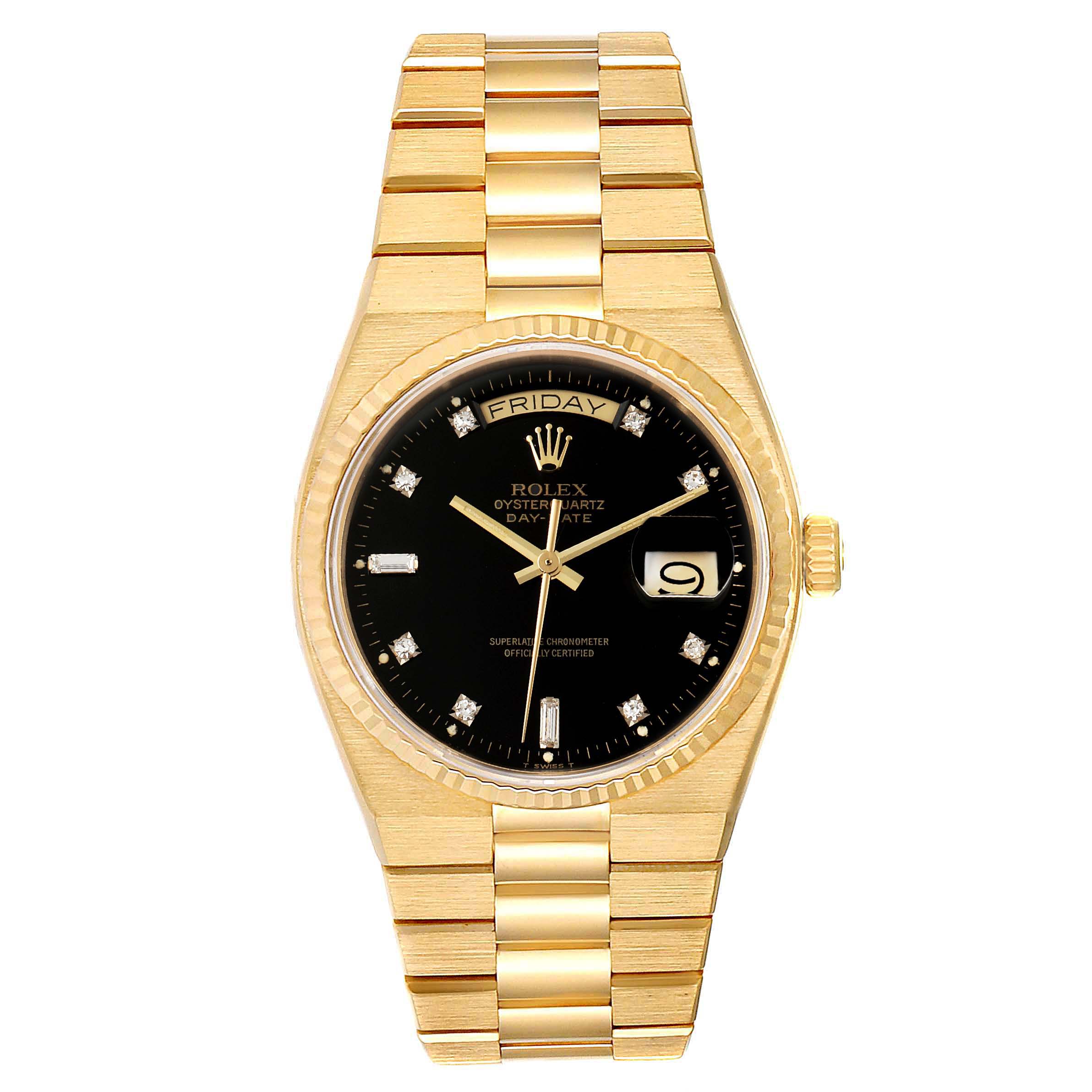 This image shows the front view of a Rolex President 19018 Men
s Yellow Gold Black Dial 19018 Men
s Yellow Gold Black Dial watch, featuring the face, dial, and bracelet.