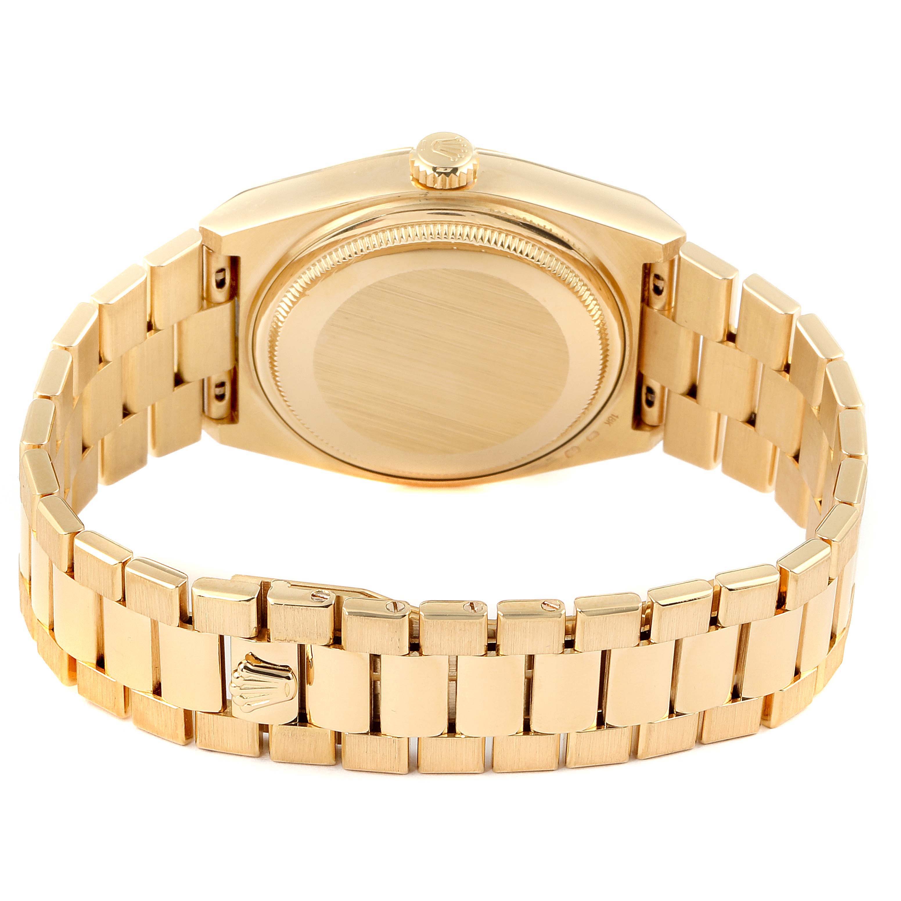This image shows the back view, clasp, and bracelet of the President model by Rolex.