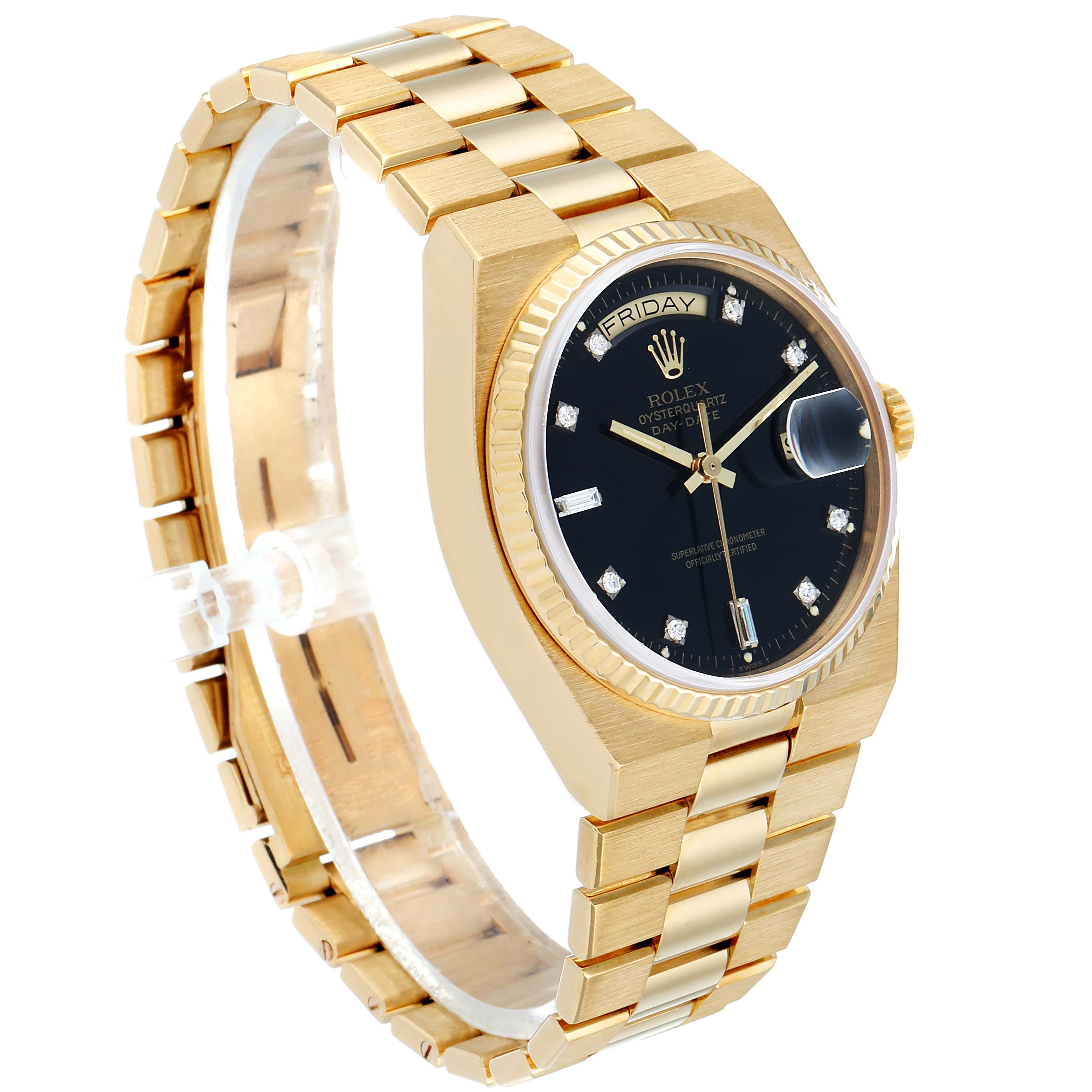 This image shows a Rolex President 19018 Men
s Yellow Gold Black Dial 19018 Men
s Yellow Gold Black Dial model watch at a three-quarter angle, highlighting the bracelet, case, and dial.