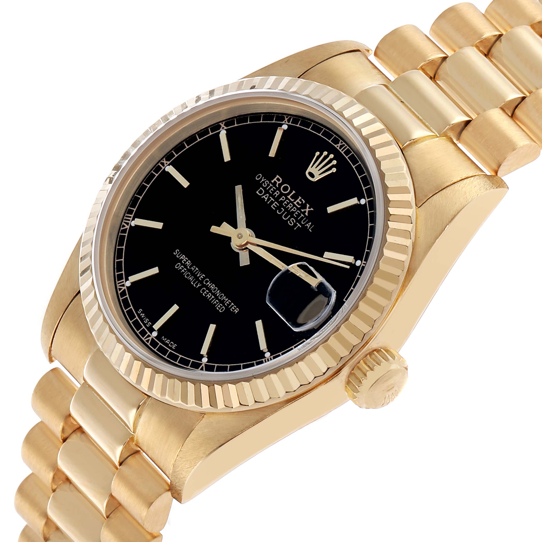 The Rolex President 68278 Women's Yellow Gold Black Dial model is shown at a slight angle, displaying the black dial, gold fluted bezel, and part of the bracelet.