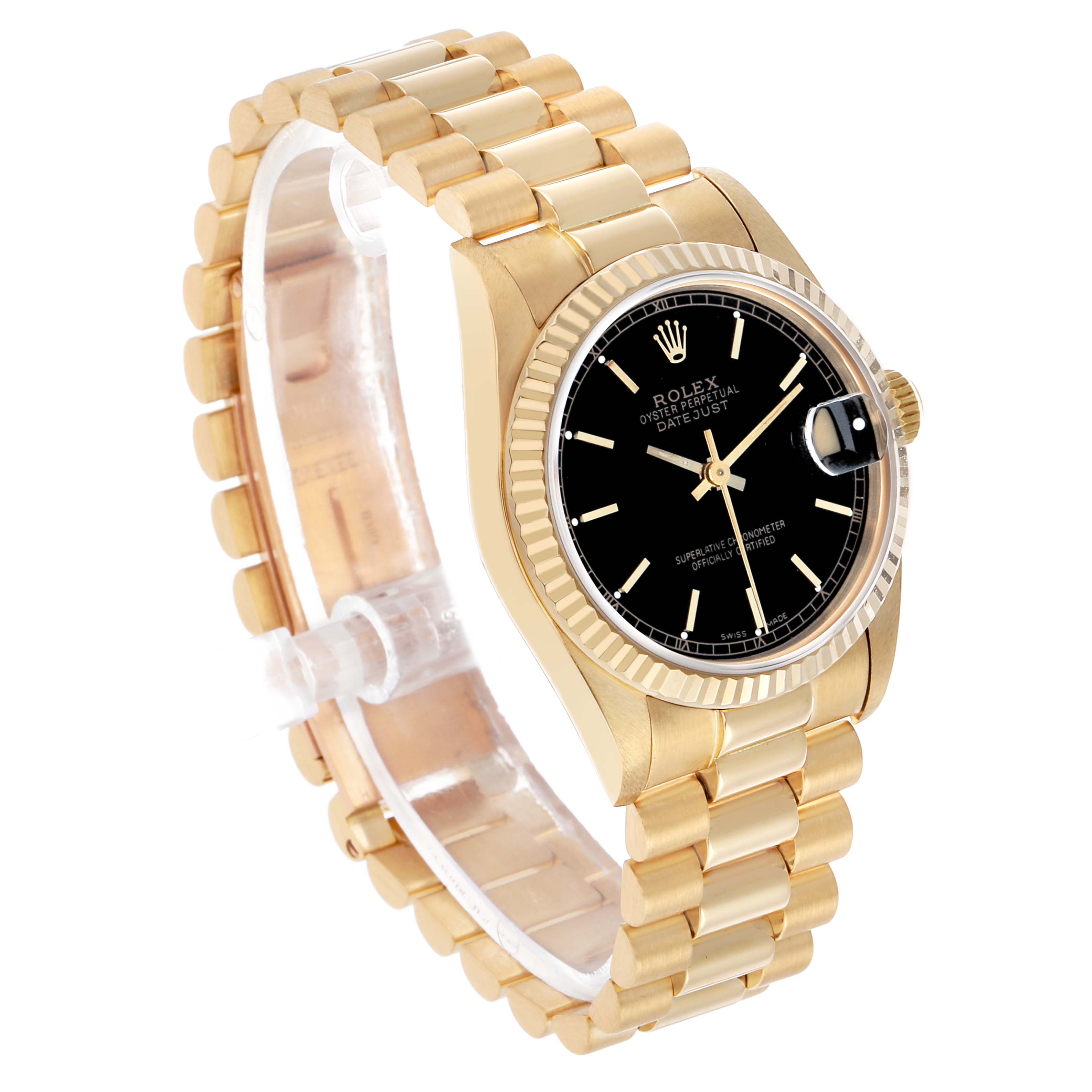 The Rolex President 68278 Women's Yellow Gold Black Dial watch is shown at a three-quarter angle, displaying the black dial, gold fluted bezel, and gold link bracelet.