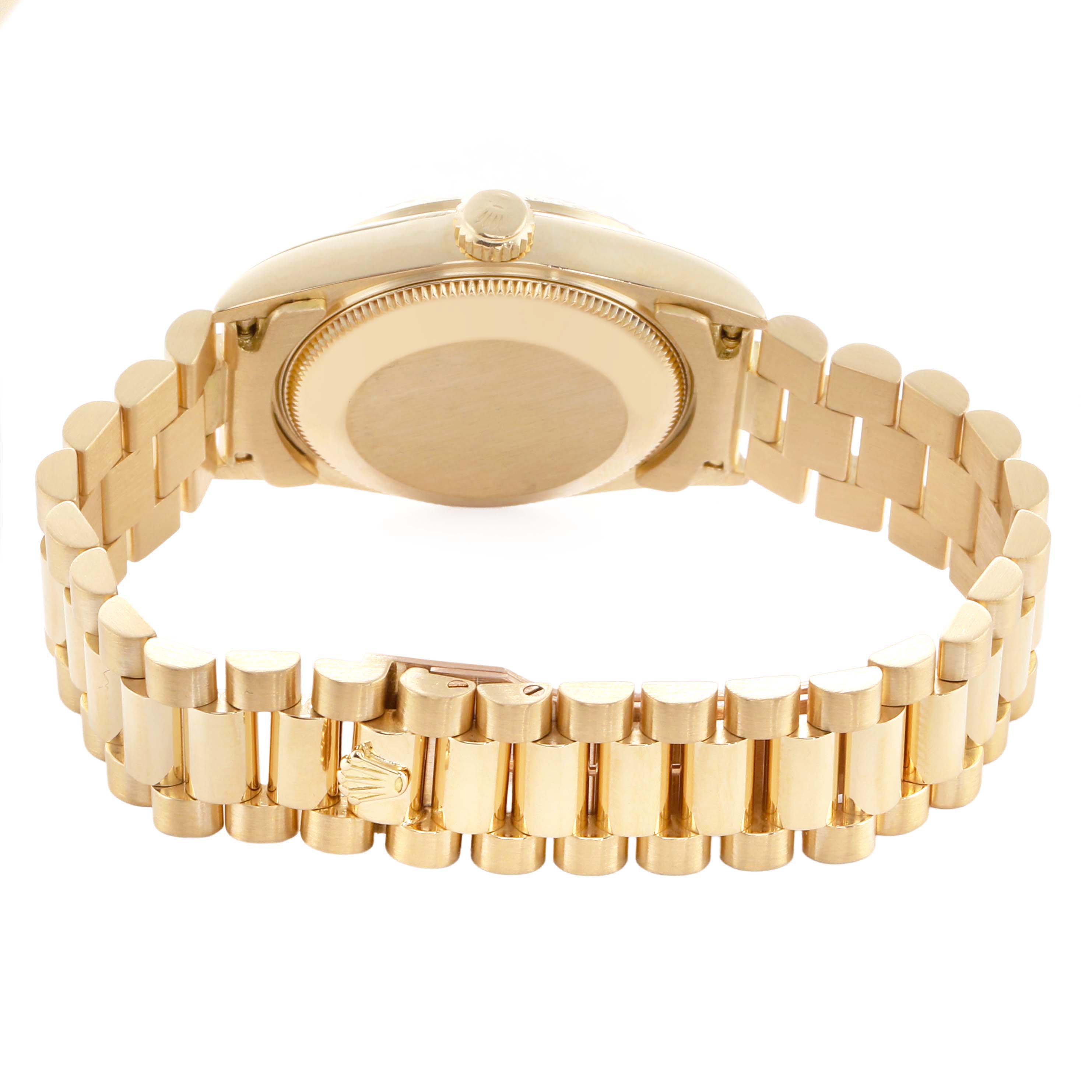 The image shows the Rolex President 68278 Women's Yellow Gold Black Dial model from the back, highlighting the case back, crown, and bracelet with the clasp partially visible.