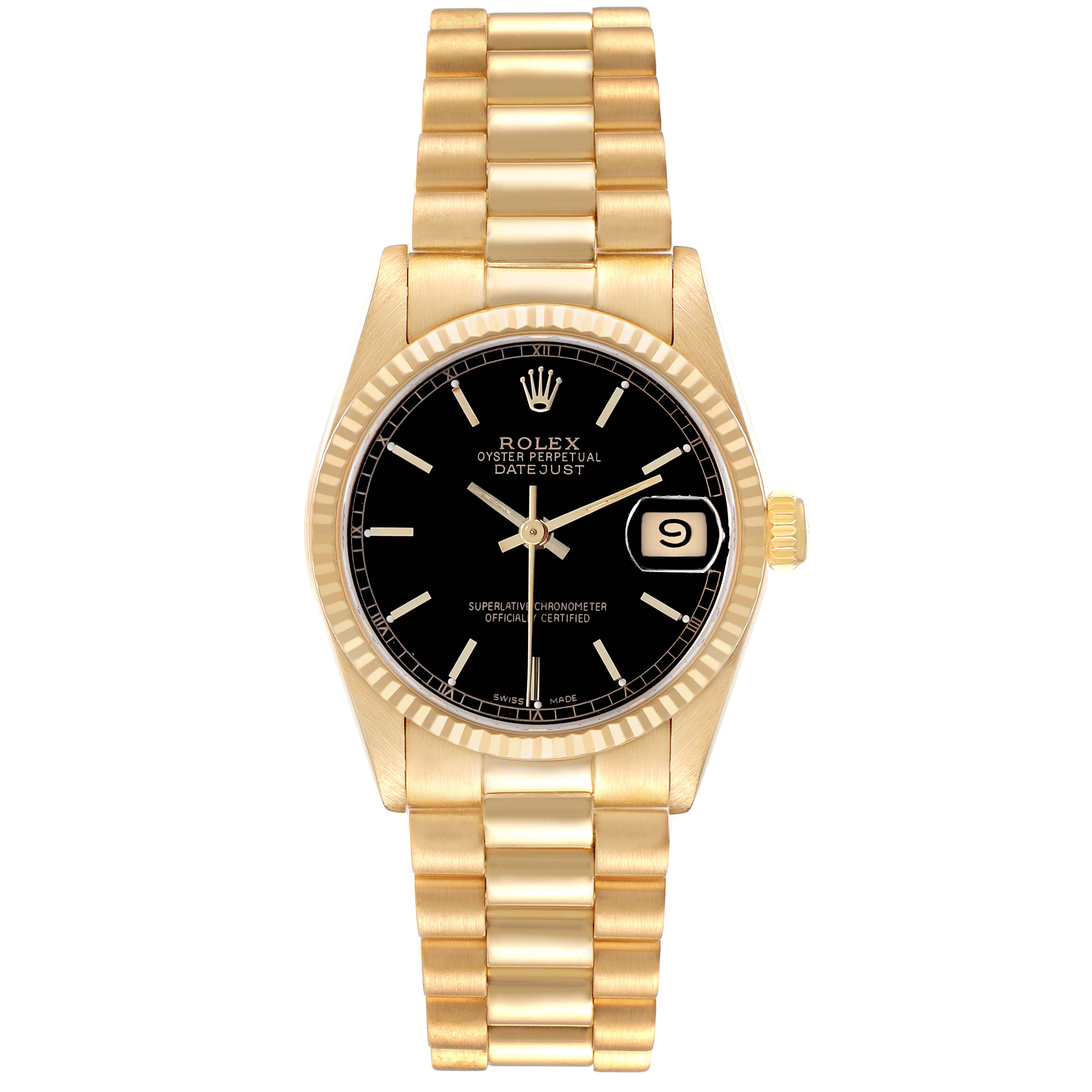 This Rolex President 68278 Women's Yellow Gold Black Dial model watch is shown from a top-down angle, displaying its gold bracelet, black dial, and date window.