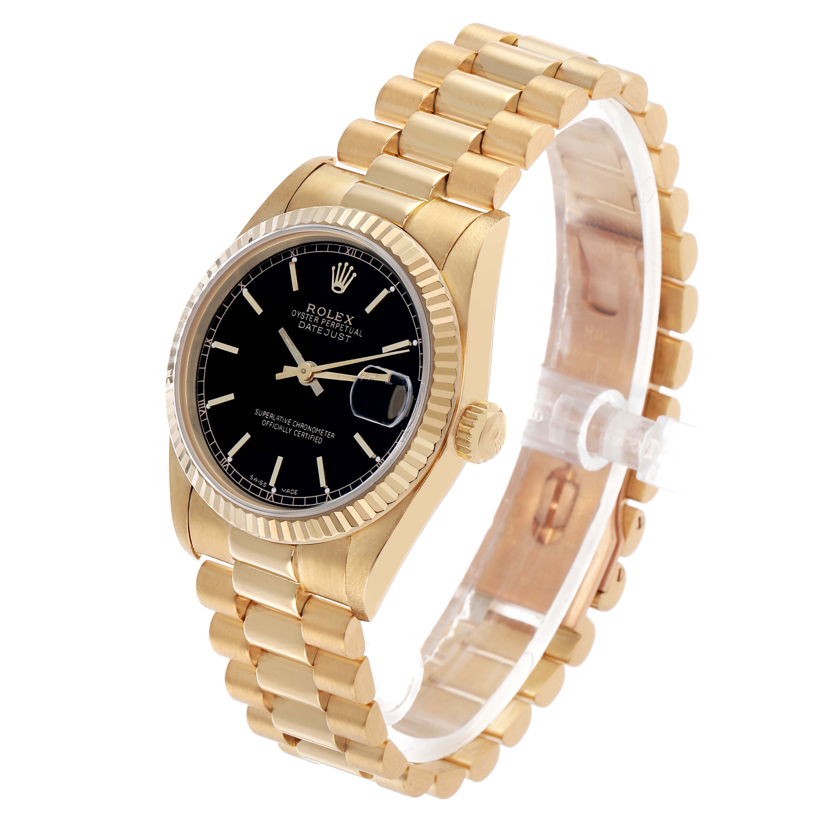 The Rolex President 68278 Women's Yellow Gold Black Dial model is shown at an angle displaying the dial, case, fluted bezel, crown, and part of the bracelet.