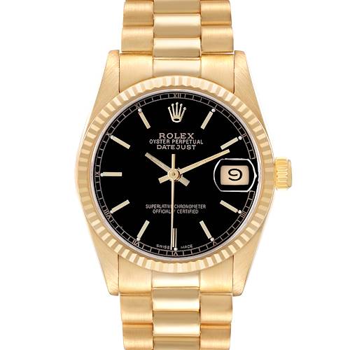 The Rolex President 68278 Women's Yellow Gold Black Dial watch is shown from the front, displaying its black dial, gold case, fluted bezel, and bracelet.