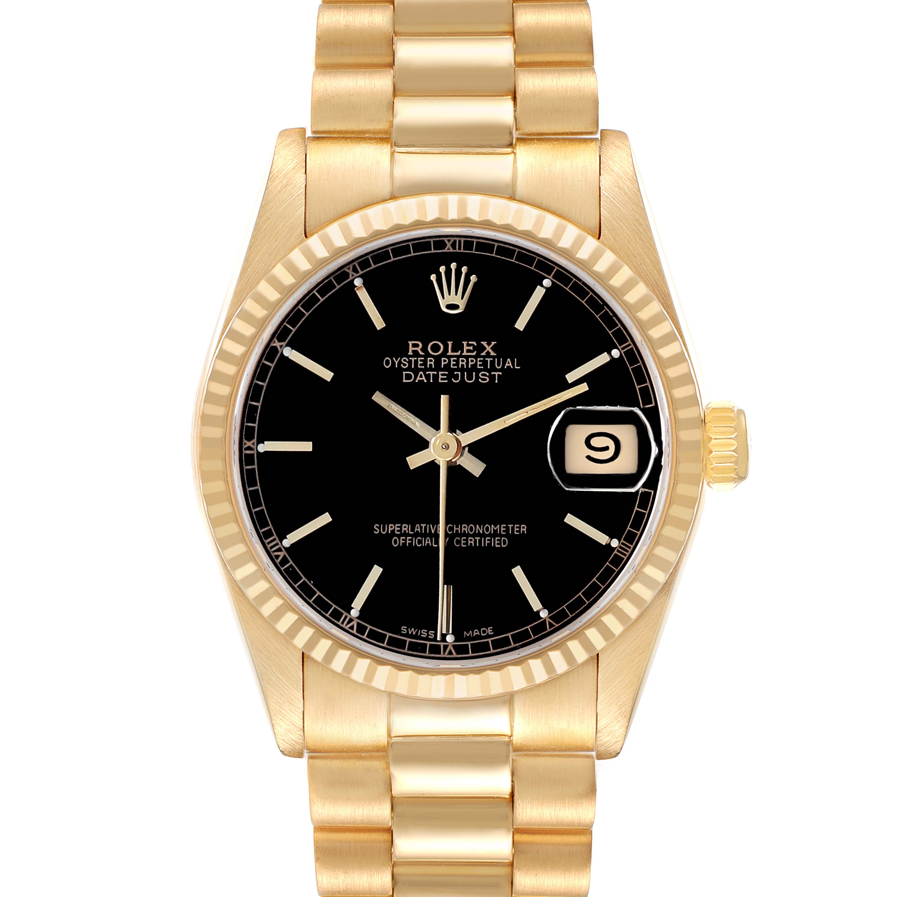 The Rolex President 68278 Women's Yellow Gold Black Dial model is shown from a direct front angle, highlighting the gold bracelet, black dial, and date feature.