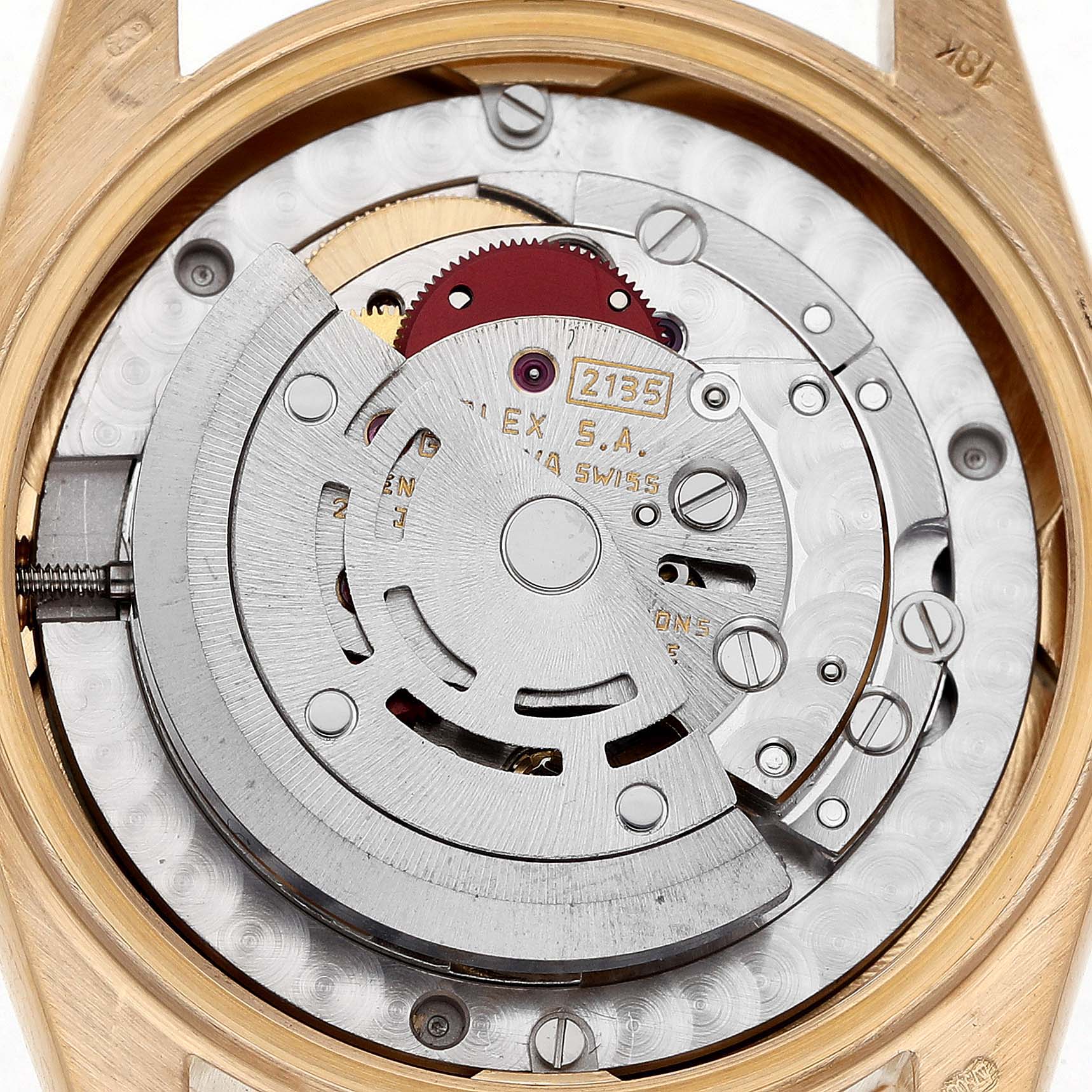 The image shows the internal movement of a Rolex President 68278 Women's Yellow Gold Black Dial watch, viewed from the back case.