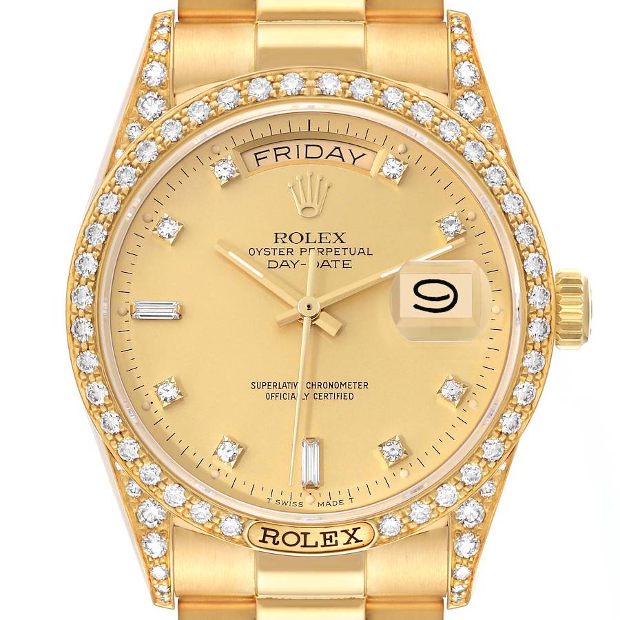 The image shows a frontal view of the Rolex President model, highlighting the diamond bezel, dial, and day-date features.