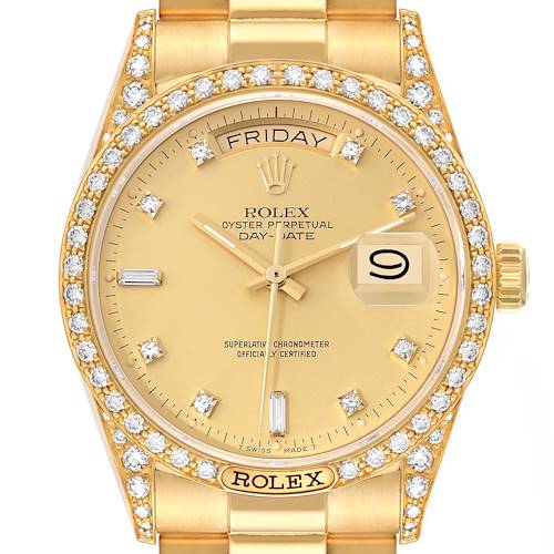 The Rolex President model is shown from a top-down angle, featuring a diamond-encrusted bezel, gold dial, day and date display.