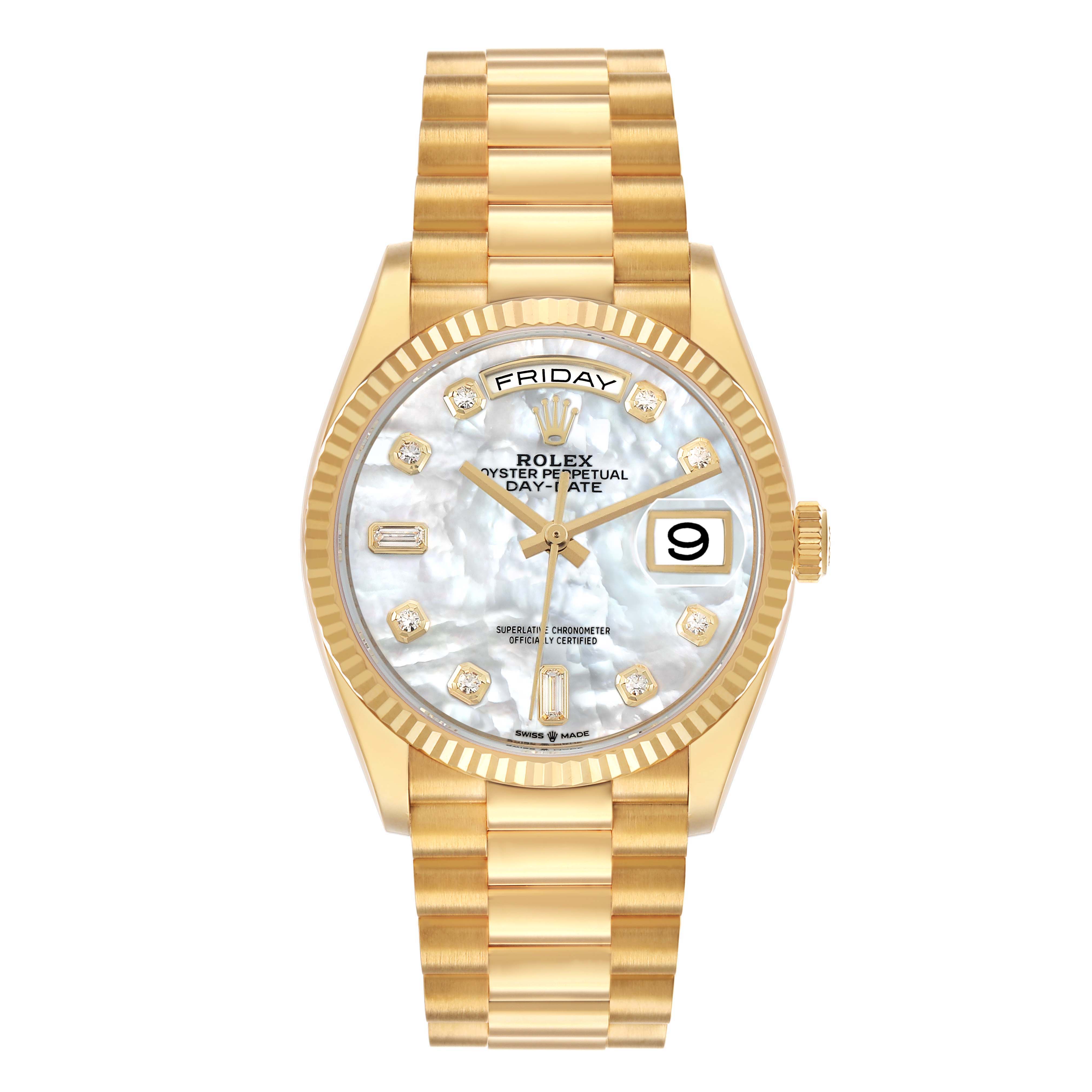 The Rolex President 128238 Men's Yellow Gold Mother of Pearl Dial model watch is shown from the front, featuring the dial, bezel, bracelet, and crown.