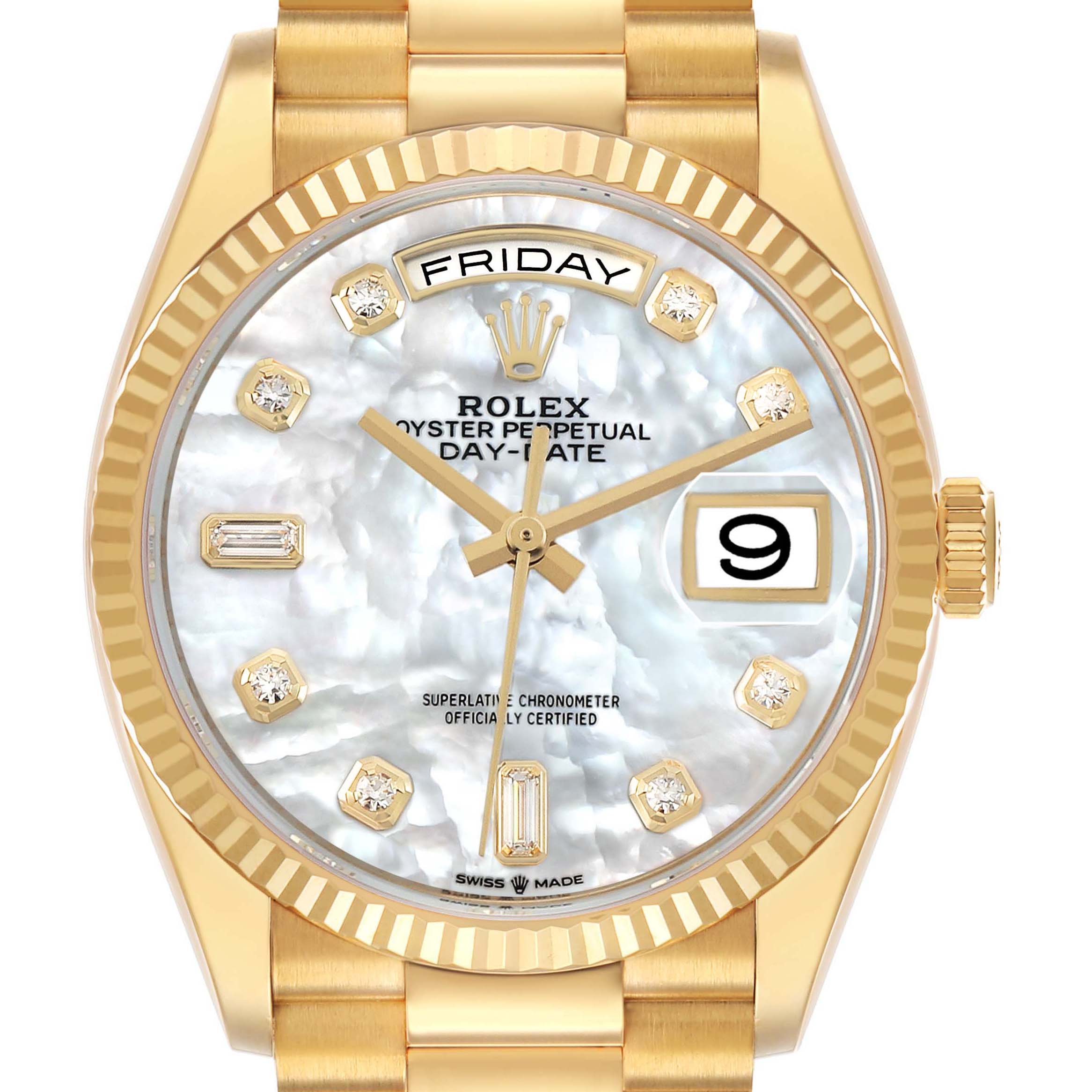 The image shows a frontal view of the Rolex President 128238 Men's Yellow Gold Mother of Pearl Dial model, highlighting the dial, bezel, and part of the bracelet.