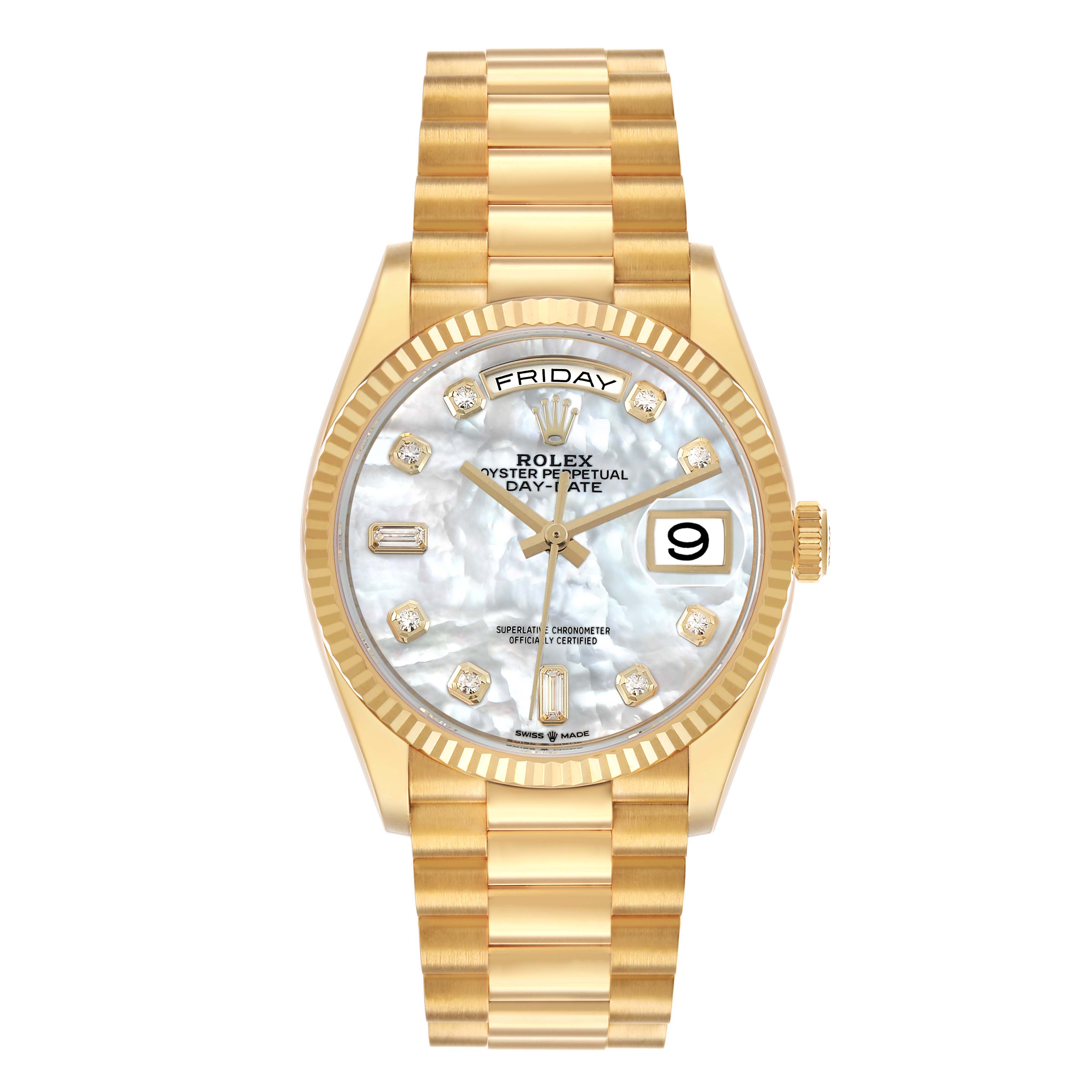 The Rolex President 128238 Men's Yellow Gold Mother of Pearl Dial model watch is shown from a top-down angle, displaying the dial, bracelet, and fluted bezel.