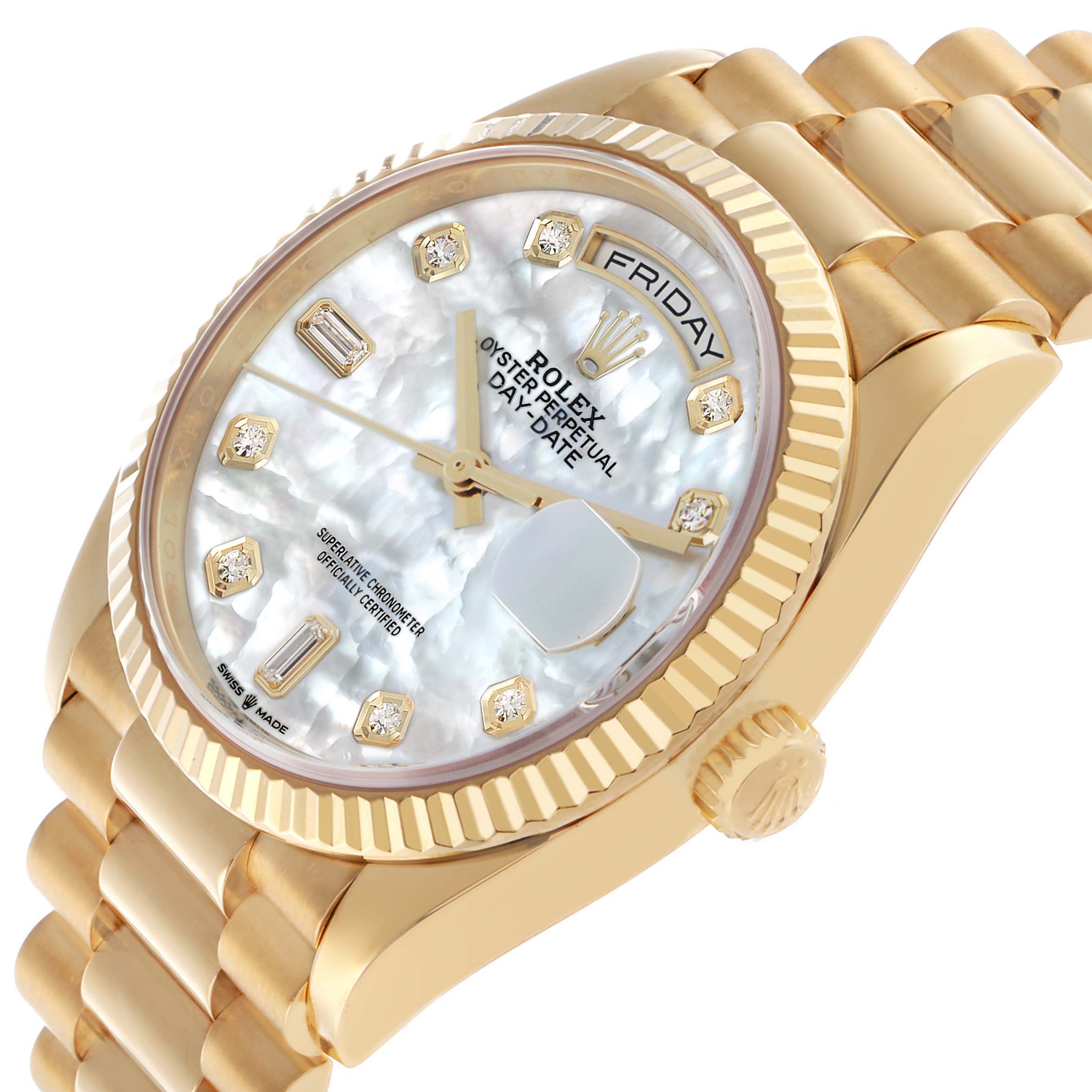 The Rolex President 128238 Men's Yellow Gold Mother of Pearl Dial model watch is shown at an angled side view, highlighting the dial, fluted bezel, and part of the bracelet.