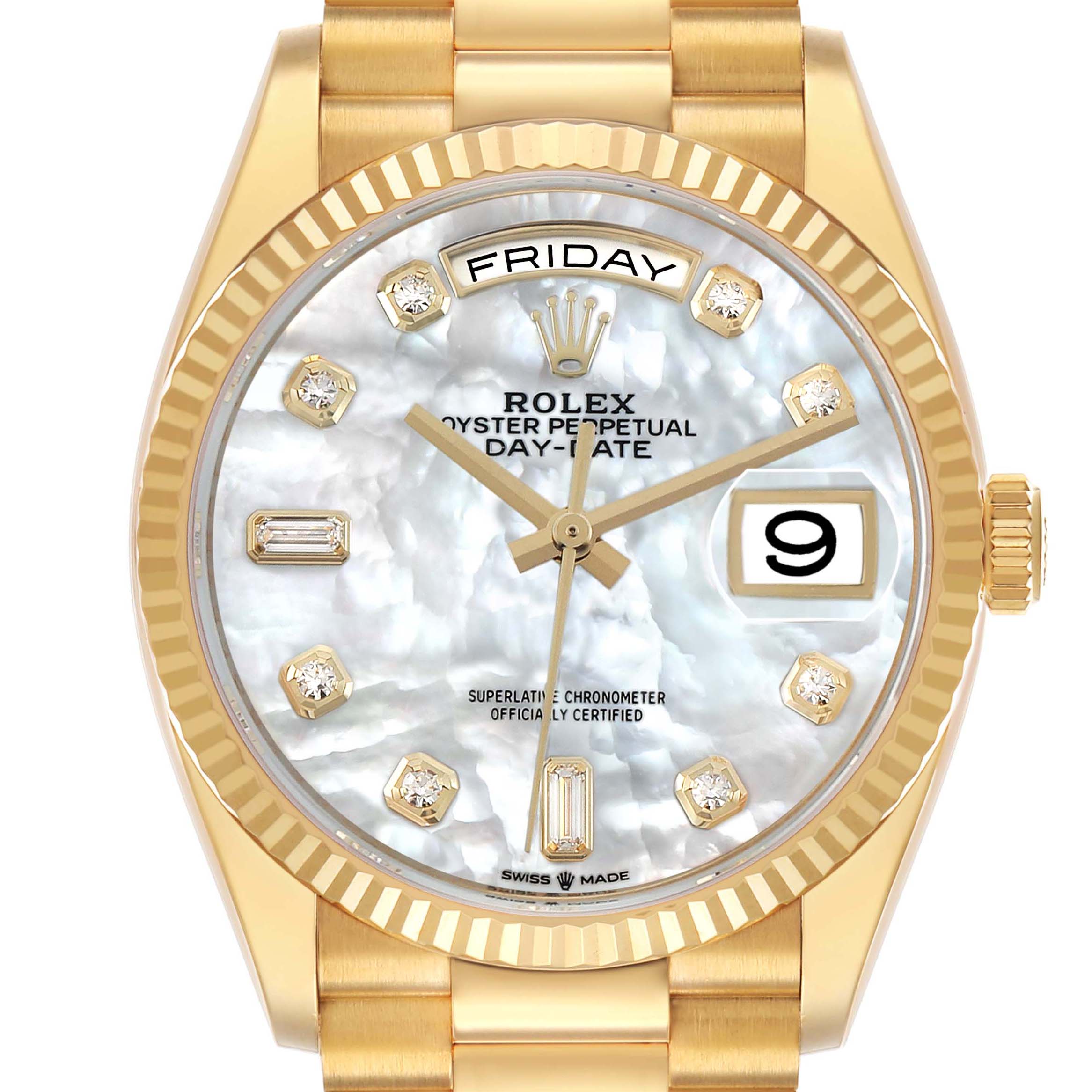 The Rolex President 128238 Men's Yellow Gold Mother of Pearl Dial model is shown from a front angle, highlighting its face, bezel, and bracelet.