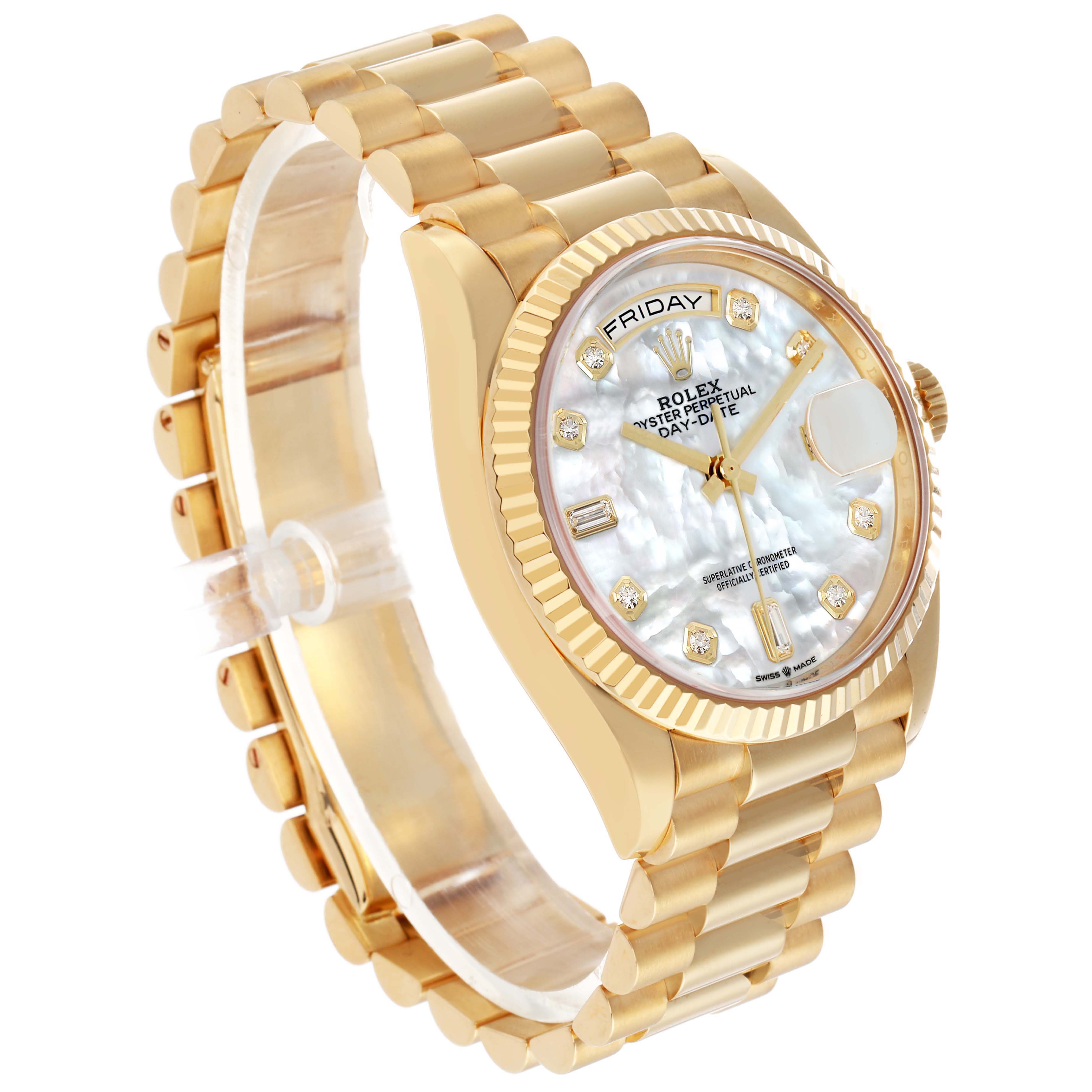 The Rolex President 128238 Men's Yellow Gold Mother of Pearl Dial model watch is shown at an angled side view, highlighting the gold bracelet, fluted bezel, and mother-of-pearl dial.