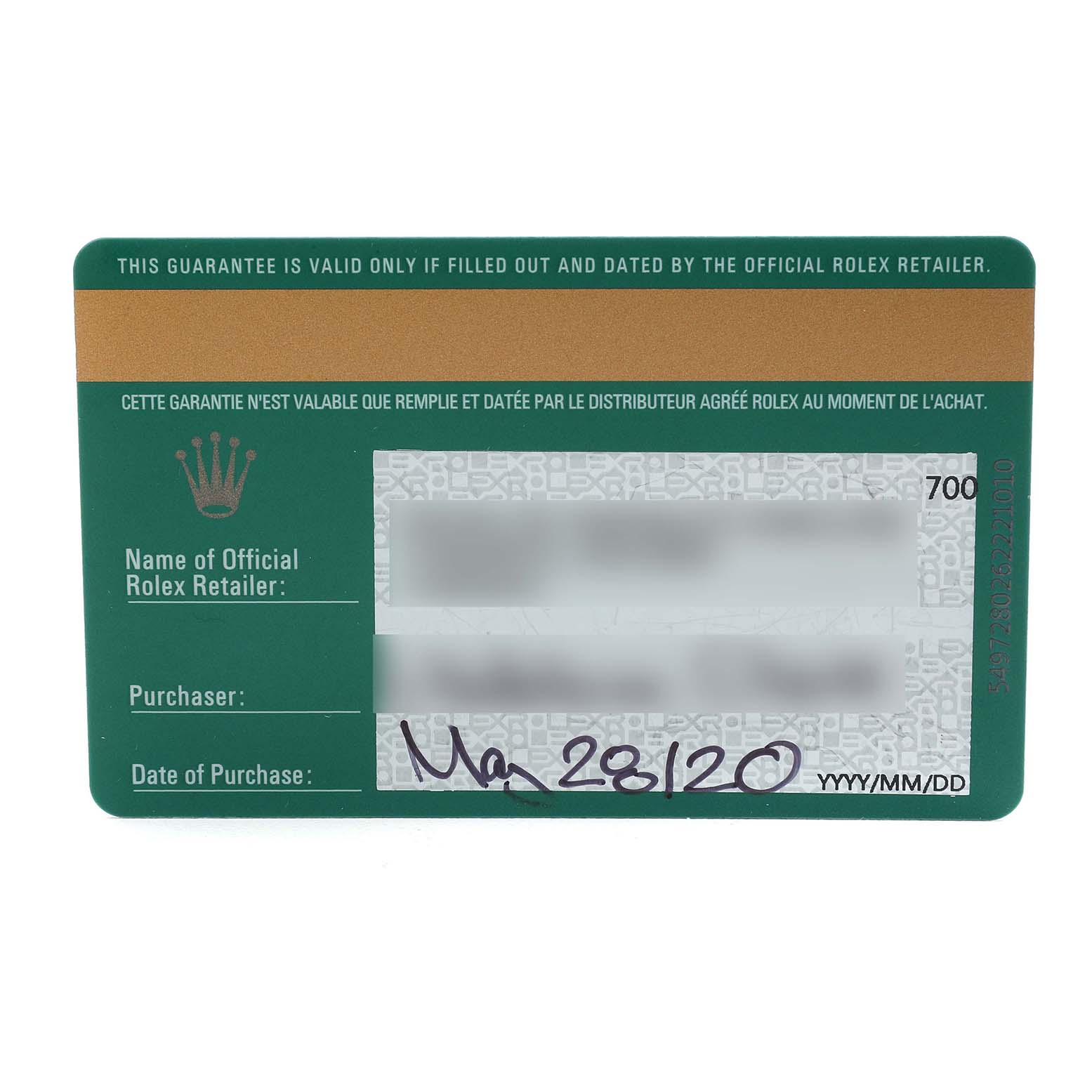 The image shows a guarantee card for the Rolex President 128238 Men's Yellow Gold Mother of Pearl Dial model, highlighting purchase details.