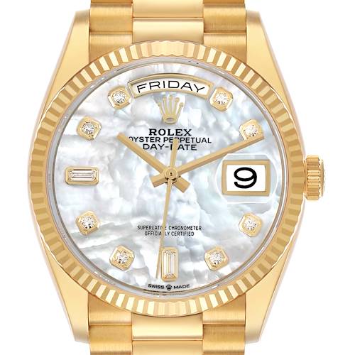 The Rolex President 128238 Men's Yellow Gold Mother of Pearl Dial model watch is shown from the front, highlighting the dial, bezel, and part of the bracelet.