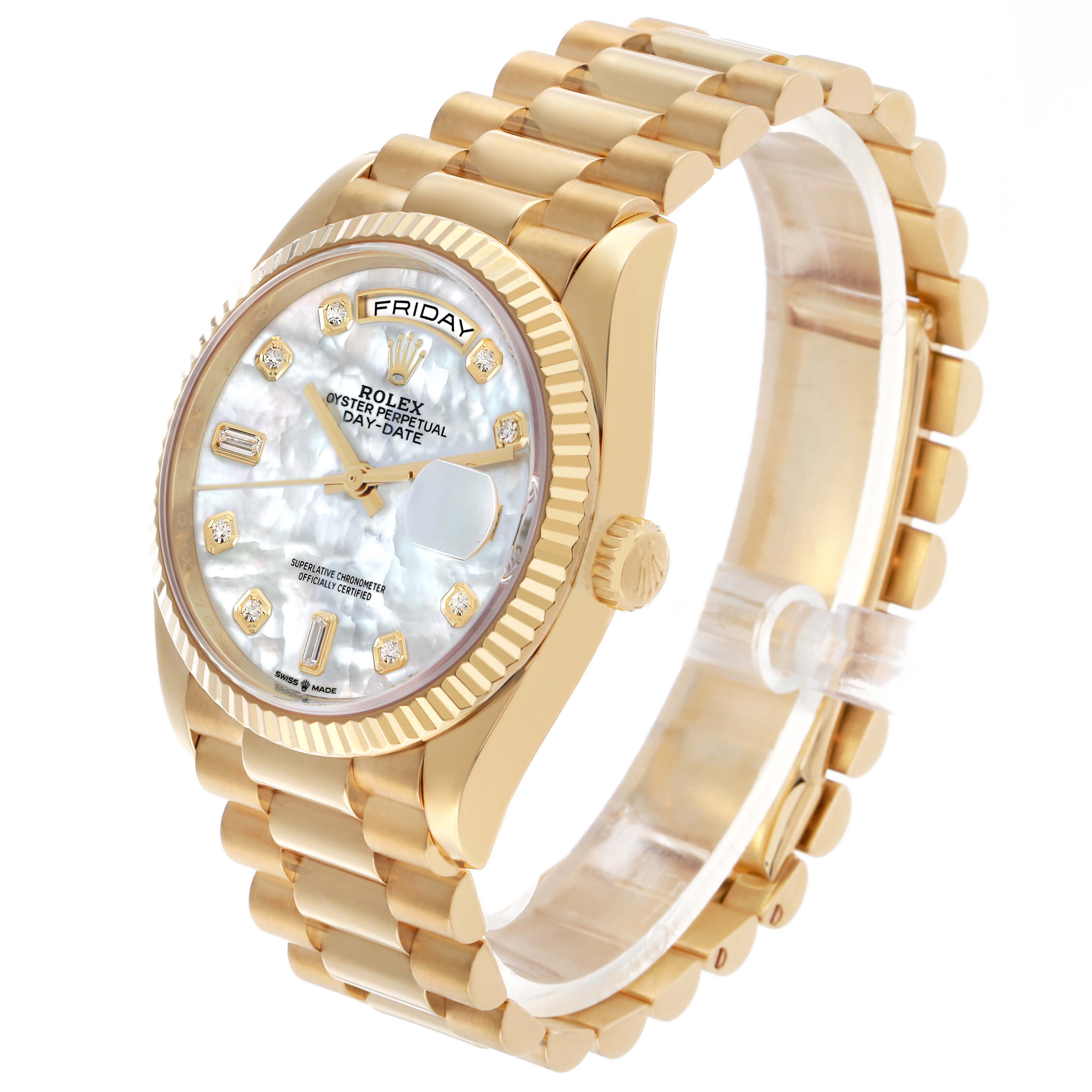 The Rolex President 128238 Men's Yellow Gold Mother of Pearl Dial watch is shown at a slight angle, featuring its face, bezel, crown, and bracelet.