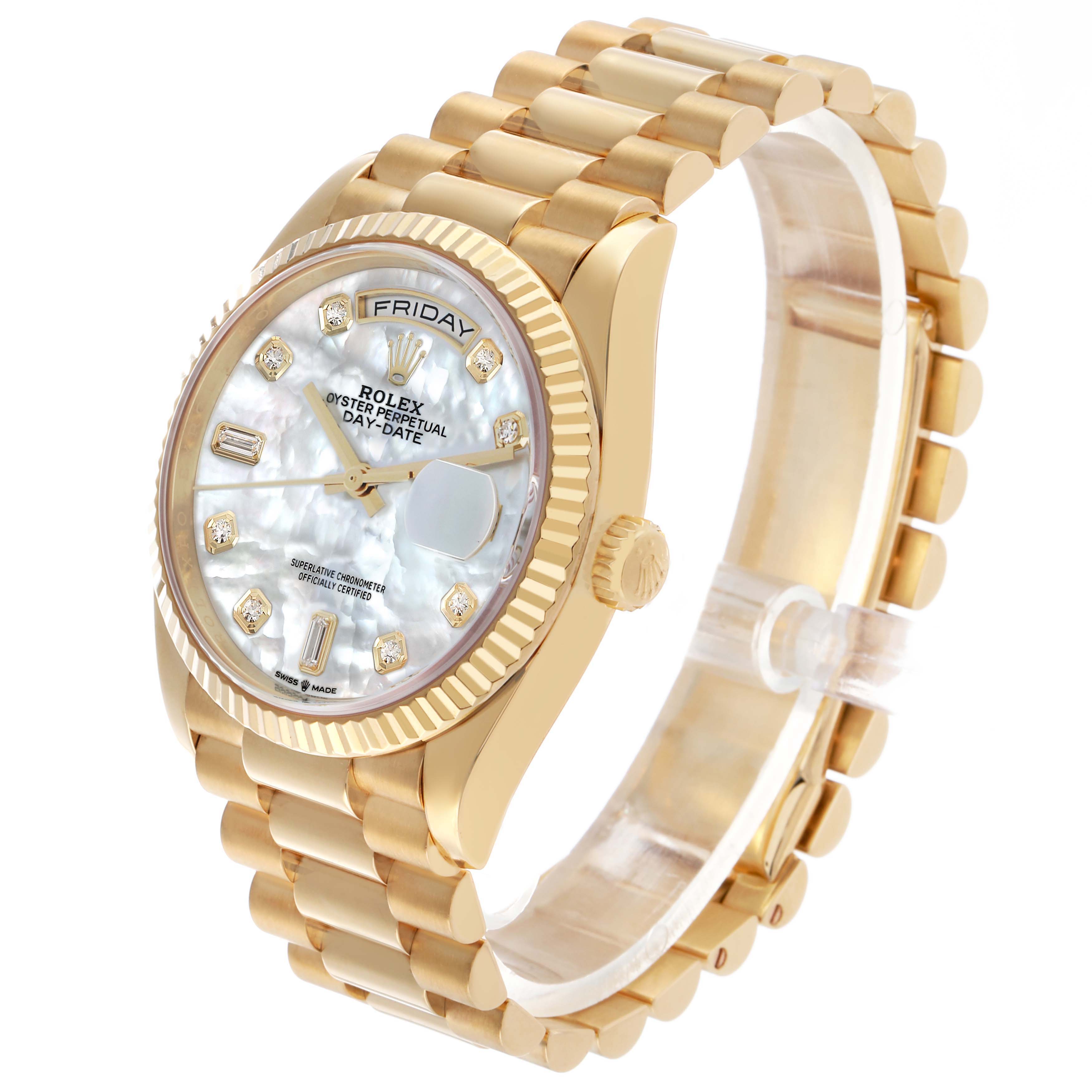 The Rolex President 128238 Men's Yellow Gold Mother of Pearl Dial watch is shown at a slight angle, displaying the face, fluted bezel, and bracelet links.