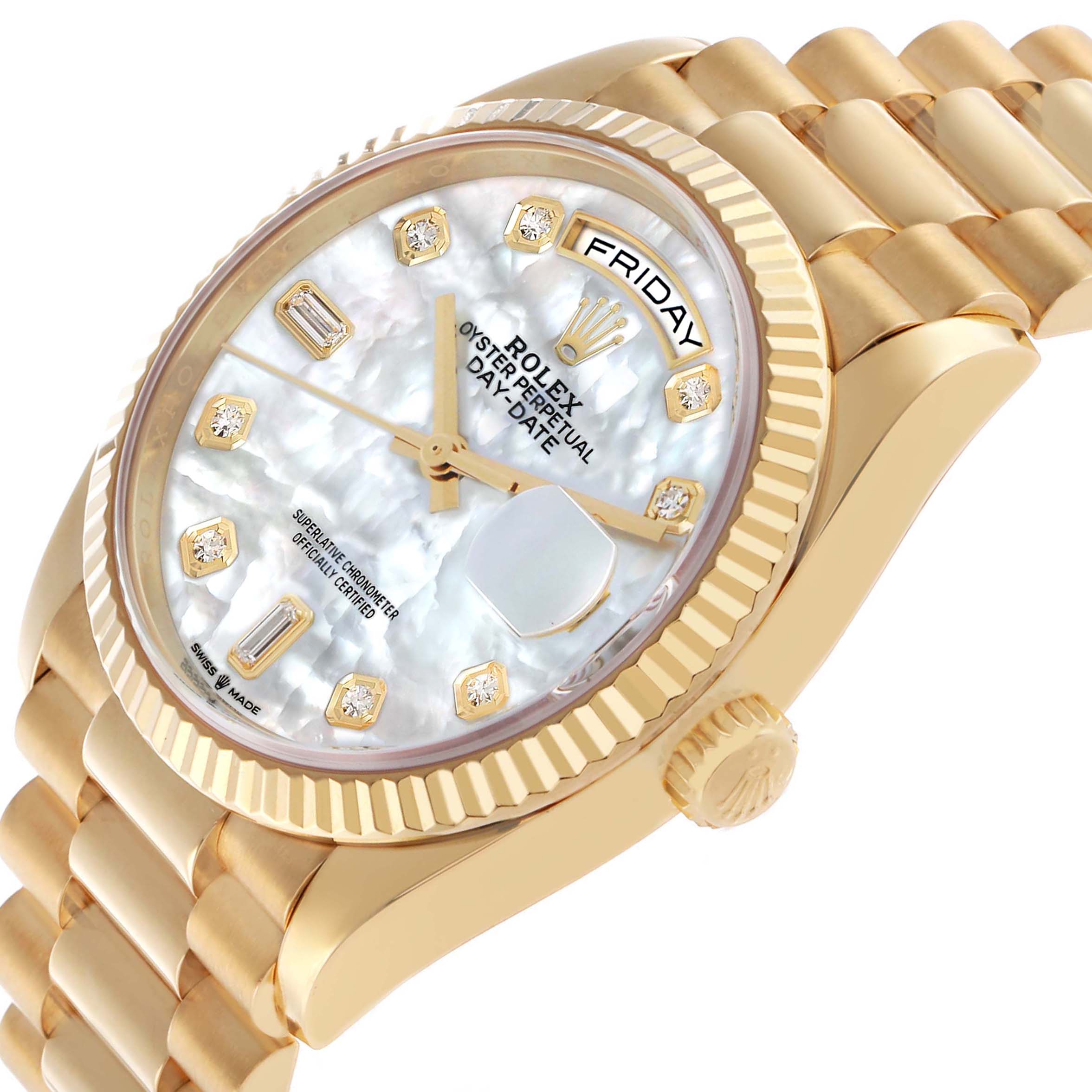 The Rolex President 128238 Men's Yellow Gold Mother of Pearl Dial model watch is shown at an angled side view, highlighting the face, bezel, crown, and part of the bracelet.