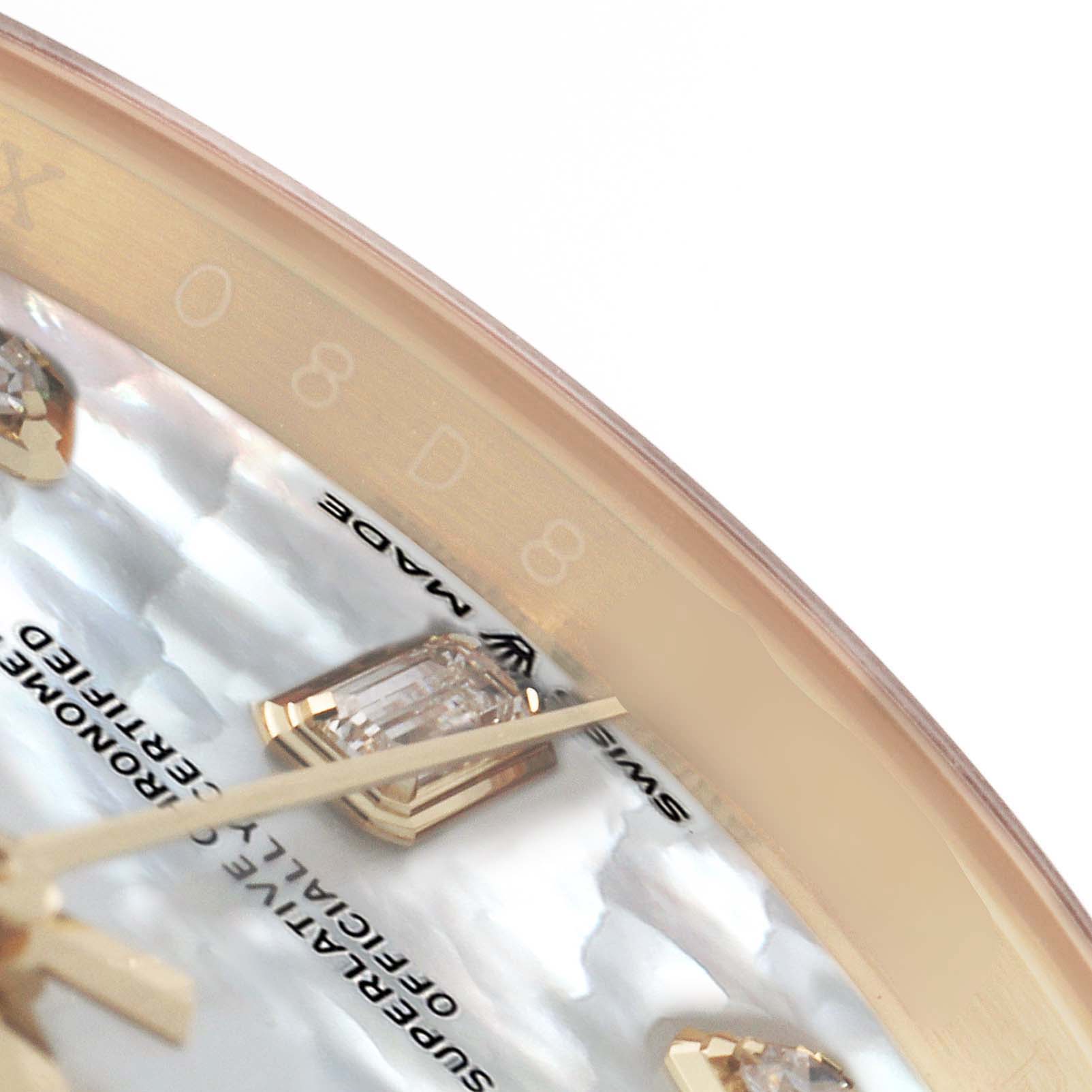 The image shows a close-up of a Rolex President 128238 Men's Yellow Gold Mother of Pearl Dial watch face, highlighting the bezel, dial, and diamond markers.