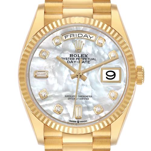 Photo of Rolex President Day-Date Yellow Gold MOP Diamond Dial Mens Watch 128238 Box Card