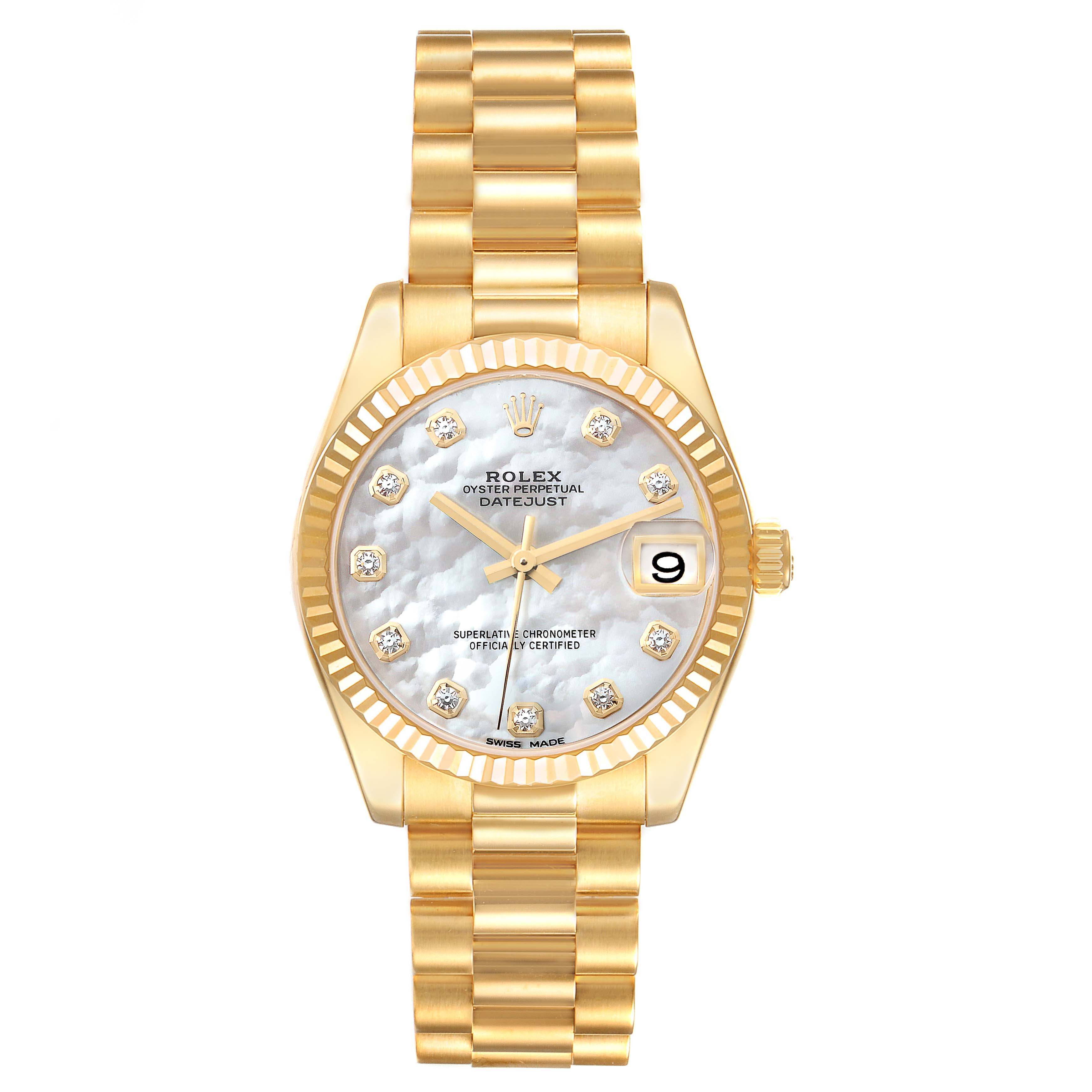 The image shows a front view of the Rolex President 178278 Women's Yellow Gold Mother of Pearl Dial 178278 Women's Yellow Gold Mother of Pearl Dial Datejust watch, highlighting its gold bracelet, fluted bezel, and diamond markers.
