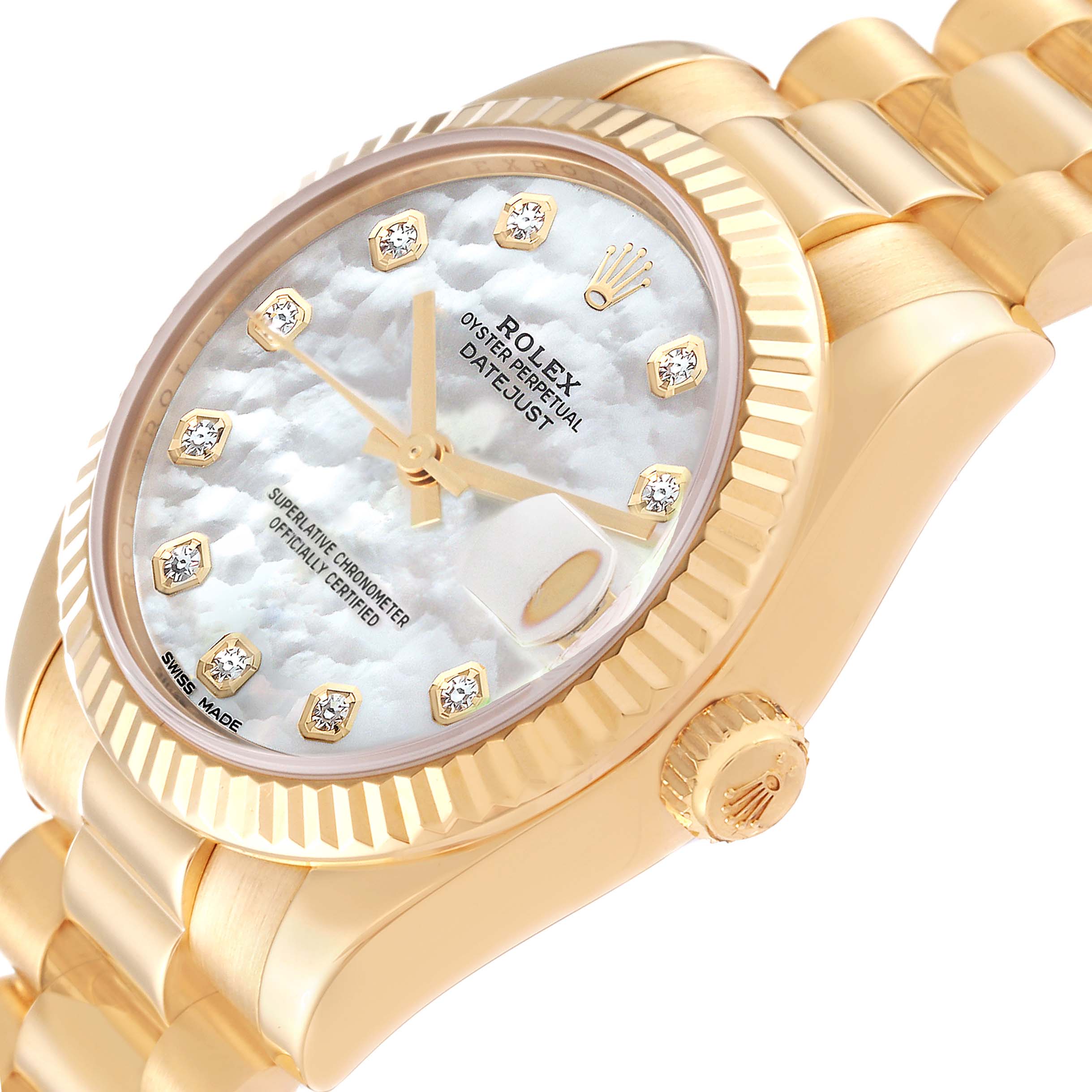 The image shows a close-up angle of the Rolex President 178278 Women's Yellow Gold Mother of Pearl Dial 178278 Women's Yellow Gold Mother of Pearl Dial Datejust watch, highlighting its dial, bezel, crown, and part of the bracelet.
