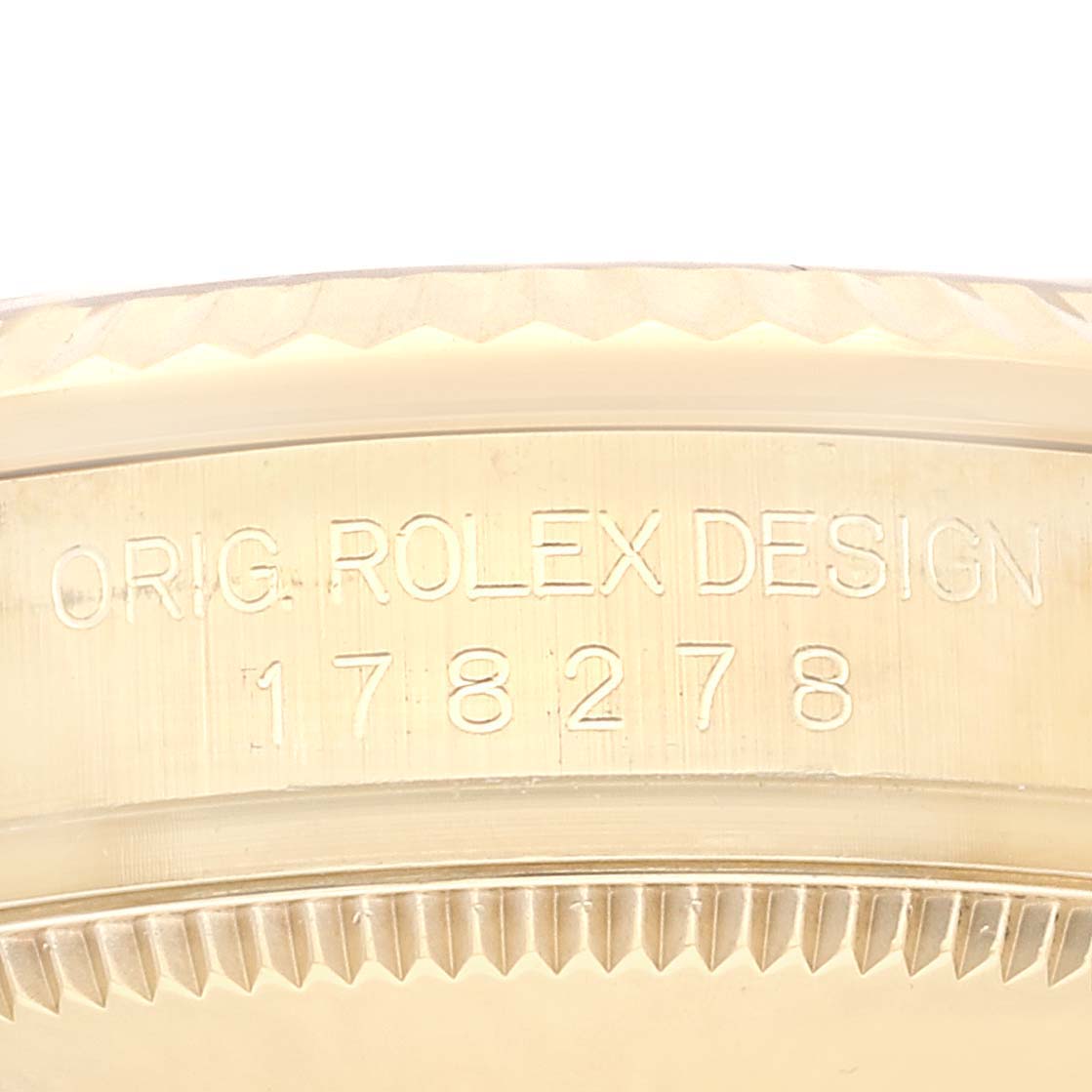 This image shows the engraved side of the Rolex President 178278 Women's Yellow Gold Mother of Pearl Dial 178278 Women's Yellow Gold Mother of Pearl Dial model watch, displaying the model number and "ORIG. ROLEX DESIGN".
