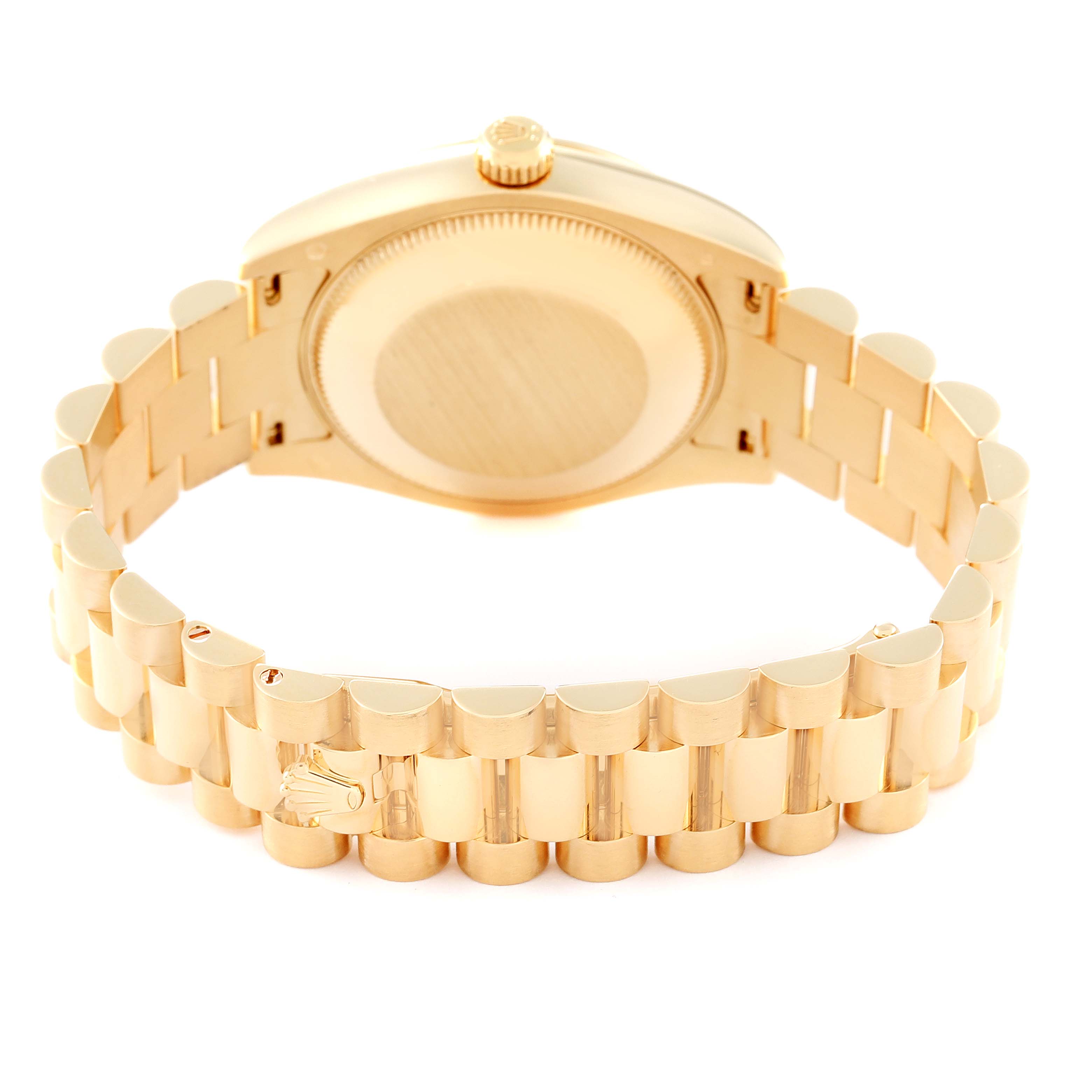 This is a rear view of a Rolex President 178278 Women's Yellow Gold Mother of Pearl Dial 178278 Women's Yellow Gold Mother of Pearl Dial model showing the case back and gold bracelet.