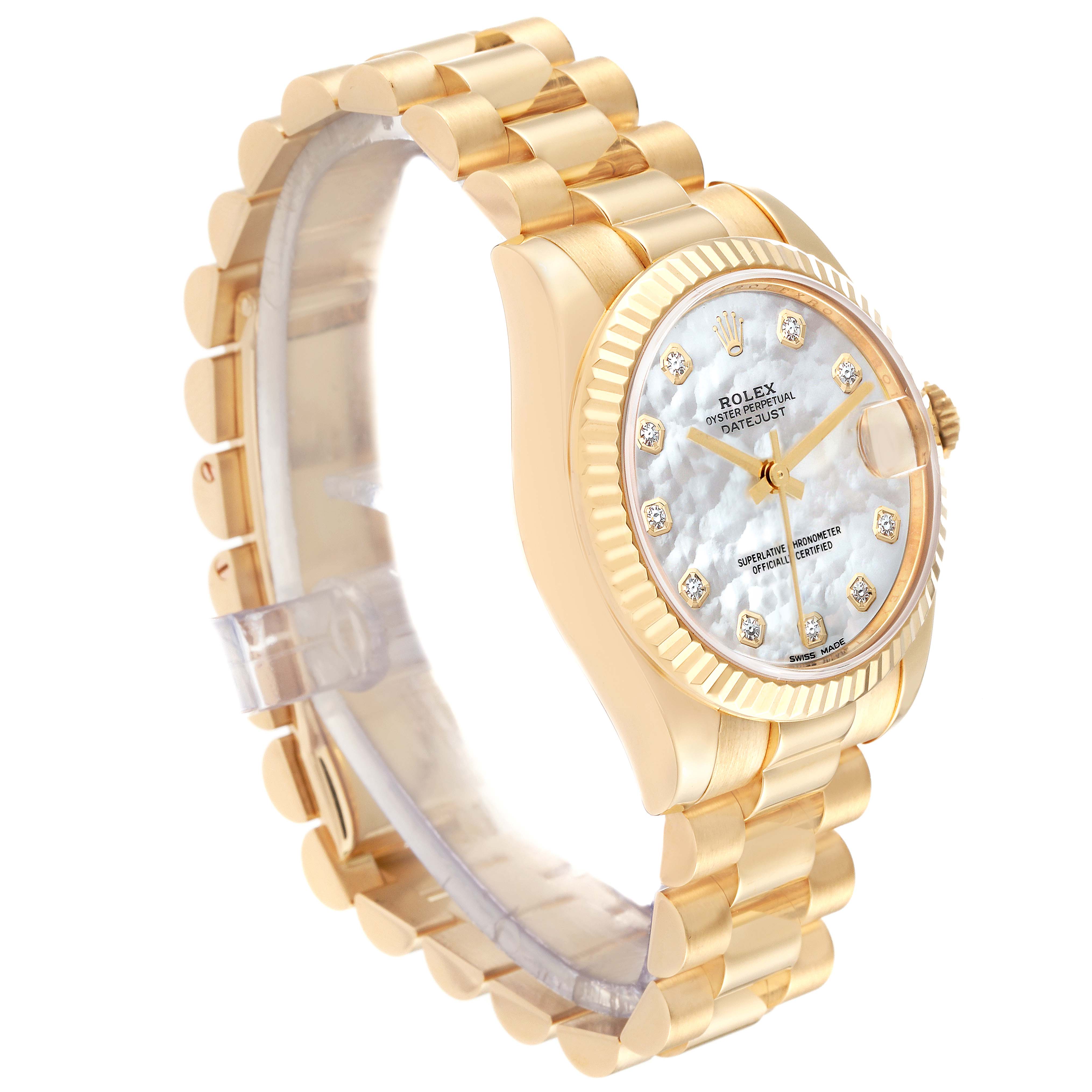 The image shows a Rolex President 178278 Women's Yellow Gold Mother of Pearl Dial 178278 Women's Yellow Gold Mother of Pearl Dial model watch at a slight angle, highlighting its gold bracelet, fluted bezel, and diamond-set dial.