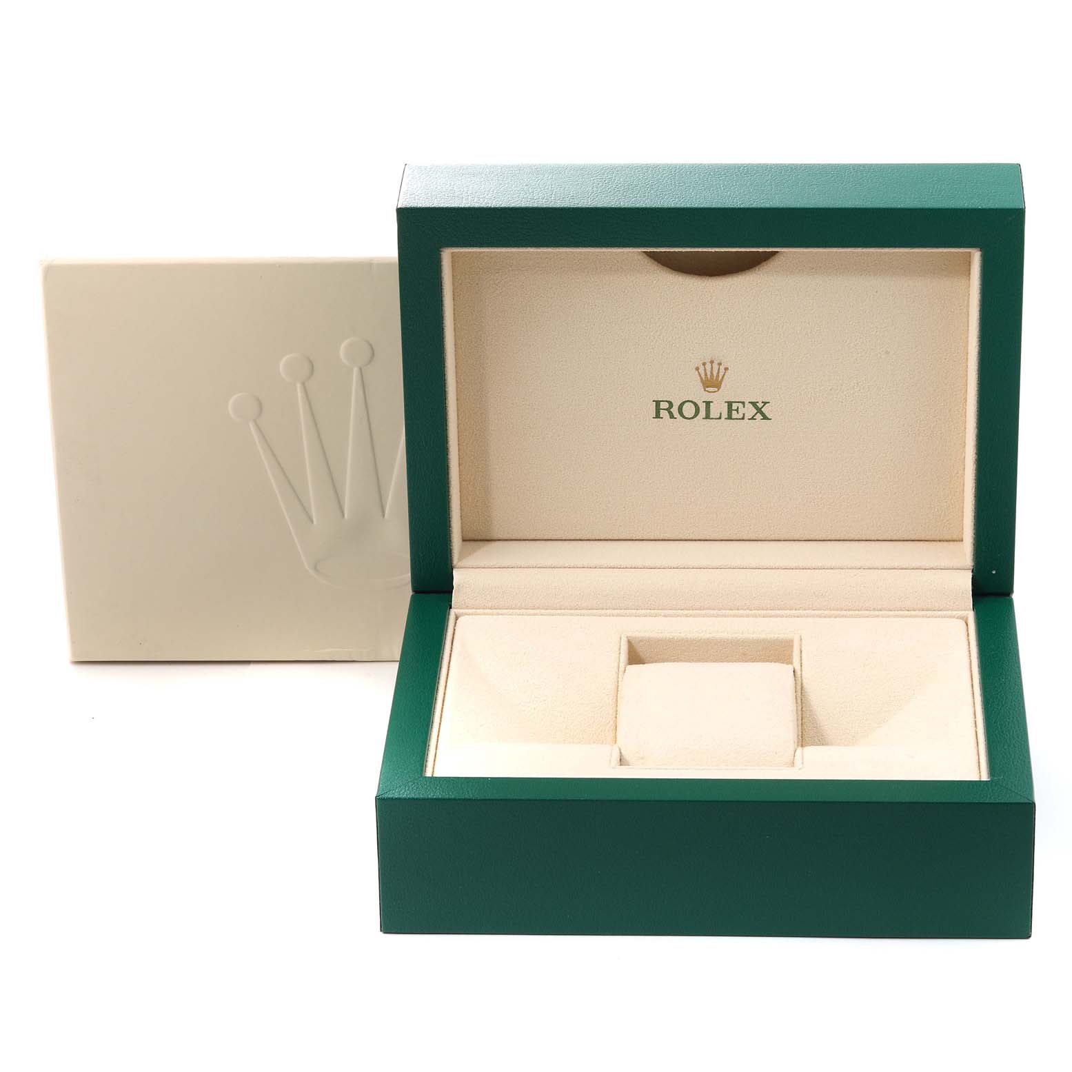 The image shows an open Rolex President 178278 Women's Yellow Gold Mother of Pearl Dial 178278 Women's Yellow Gold Mother of Pearl Dial model watch box with a green exterior and beige interior, and an outer cardboard protective box.