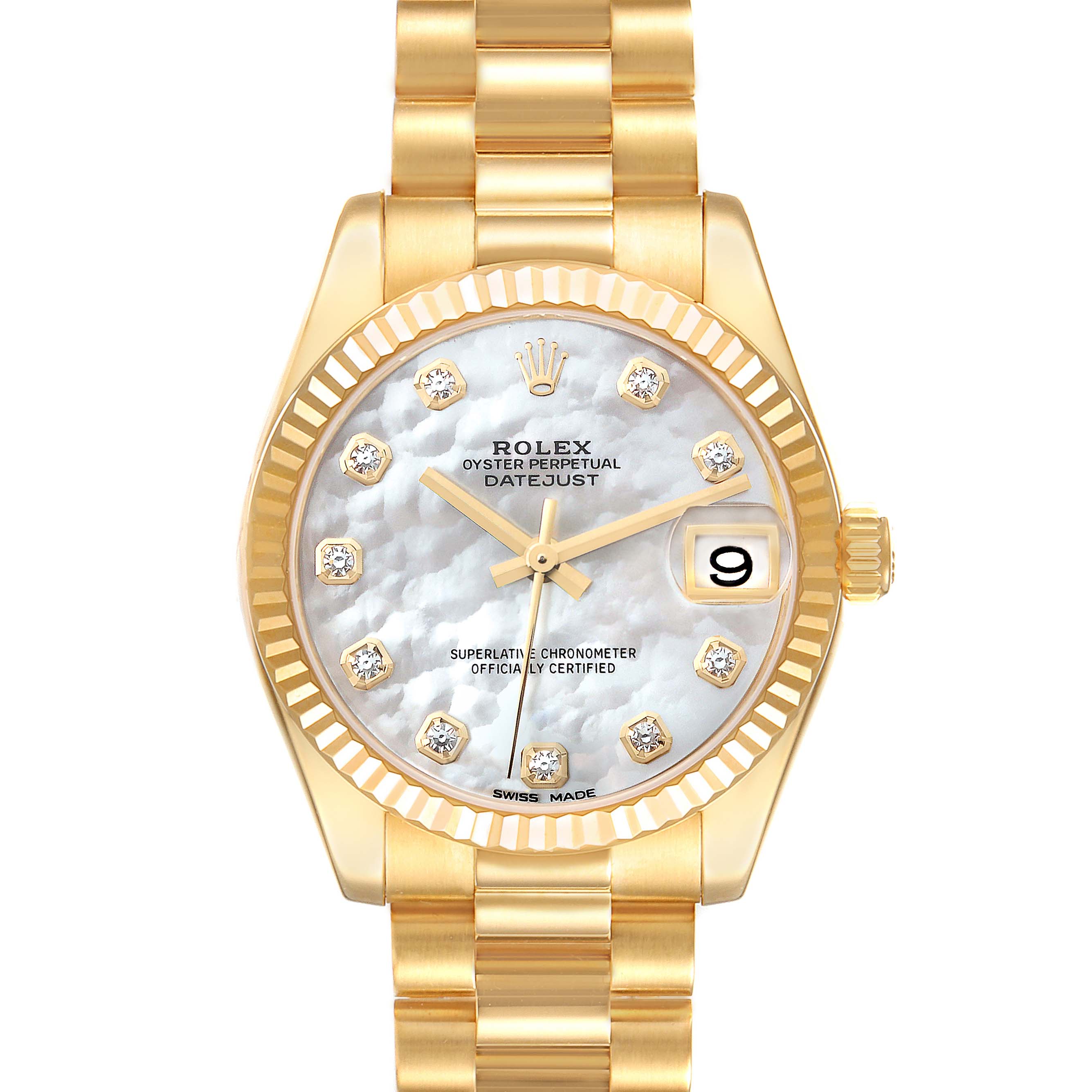 The image shows a front angle of a Rolex President 178278 Women's Yellow Gold Mother of Pearl Dial 178278 Women's Yellow Gold Mother of Pearl Dial model, showcasing its dial, case, bracelet, and date window.