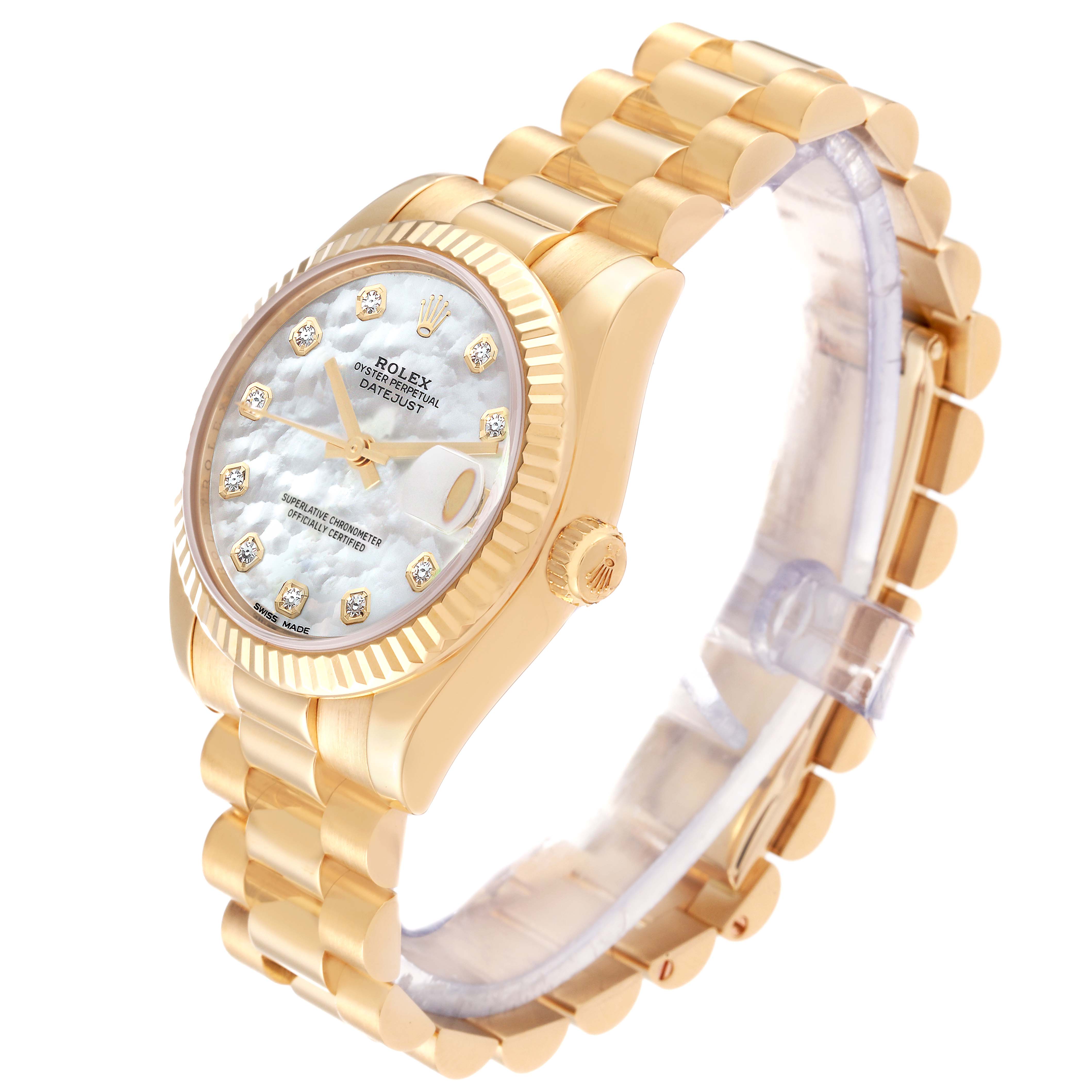 The image shows a side angle of a gold Rolex President 178278 Women's Yellow Gold Mother of Pearl Dial 178278 Women's Yellow Gold Mother of Pearl Dial model watch, showcasing the bracelet, crown, and dial.