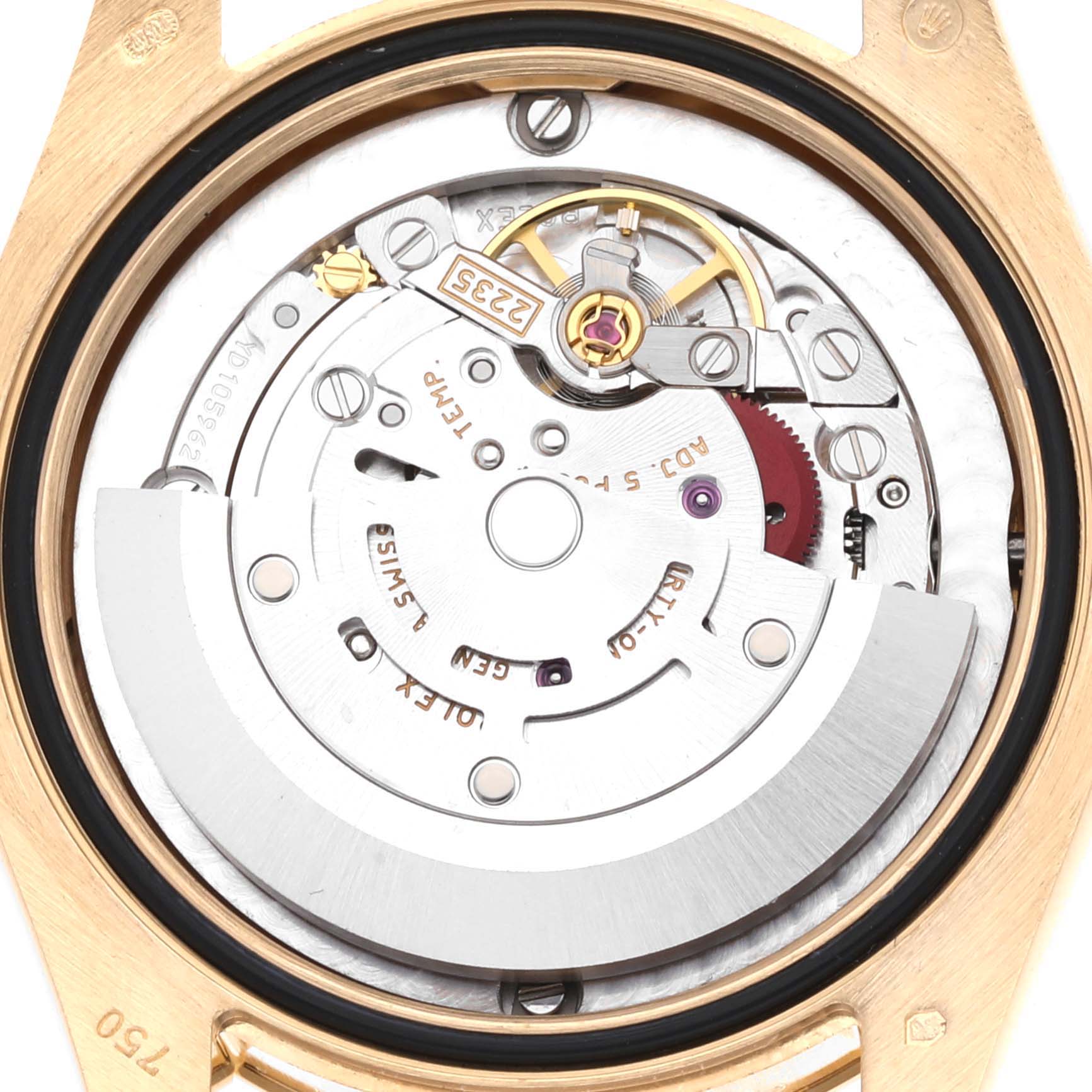 This image shows the internal mechanism and movement of a Rolex President 178278 Women's Yellow Gold Mother of Pearl Dial 178278 Women's Yellow Gold Mother of Pearl Dial model viewed from the back case opened.