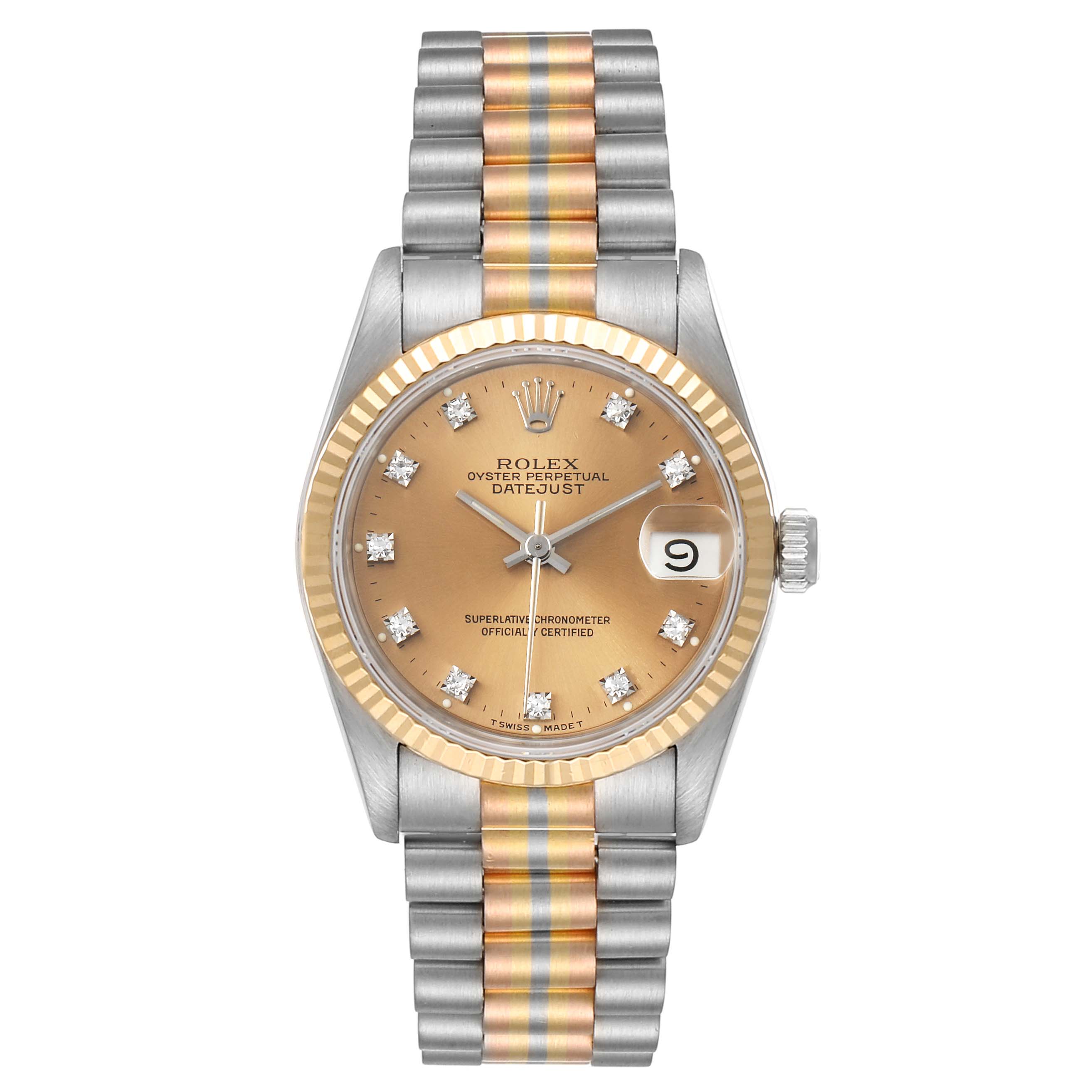 This image shows a Rolex President 68279 Women's White Gold Brown Dial 68279 Women's White Gold Brown Dial model watch with a champagne dial, diamond hour markers, and a two-tone Jubilee bracelet.